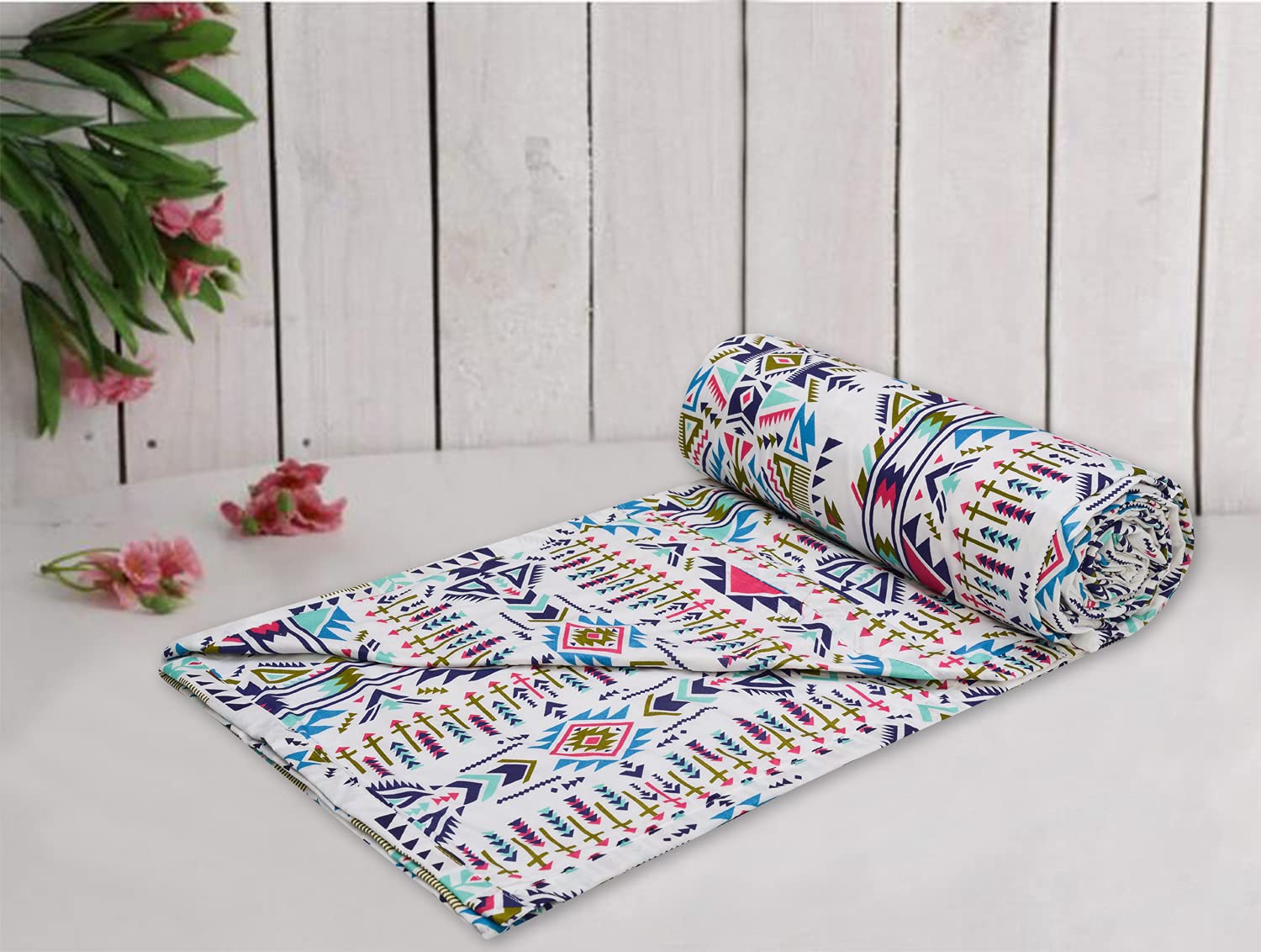 Trance Home Linen Pure Cotton Reversible Dohar Double Bed Size | AC Blanket Comforter | Soft Light-Weight Bed Blanket (84 x 88 inch, Azetic Sea Blue, Pack of 1)