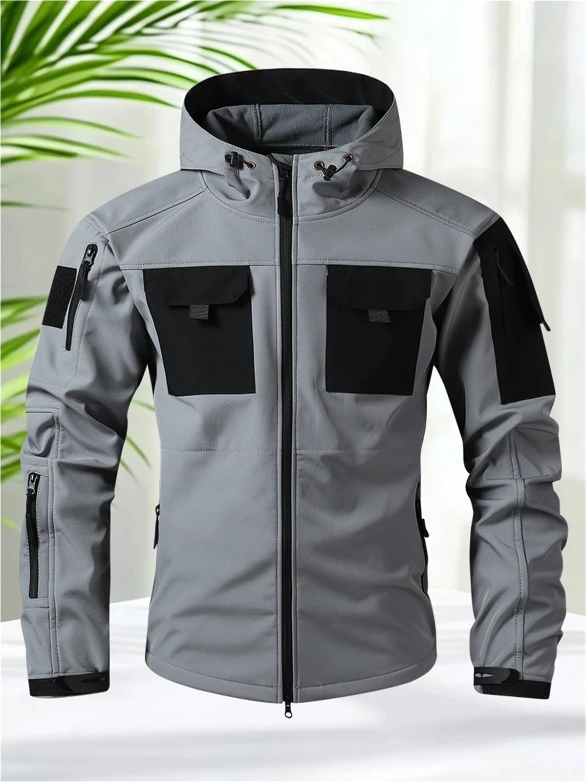 Giacca impermeabile da uomo, softshell, for escursionismo, caccia, multitasche, con cappuccio, fodera in pile, resistente alla pioggia Per Uomo