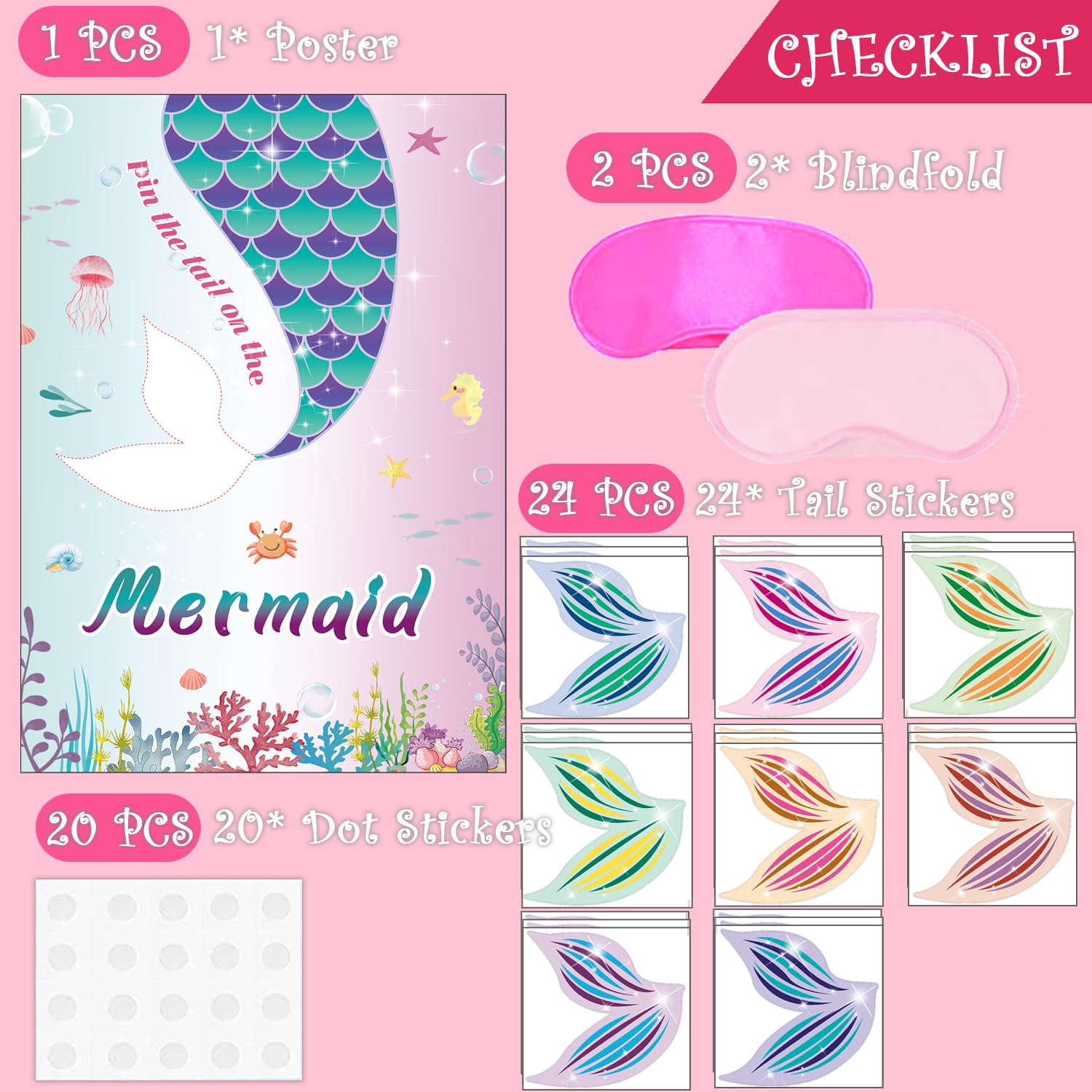 Funnlot Mermaid Party Supplies Pin The Tail On The Mermaid 24 PCS Tail Stickers For Girls Party Games Pin The Tail Party Games For Kids Indoor Mermaid Games