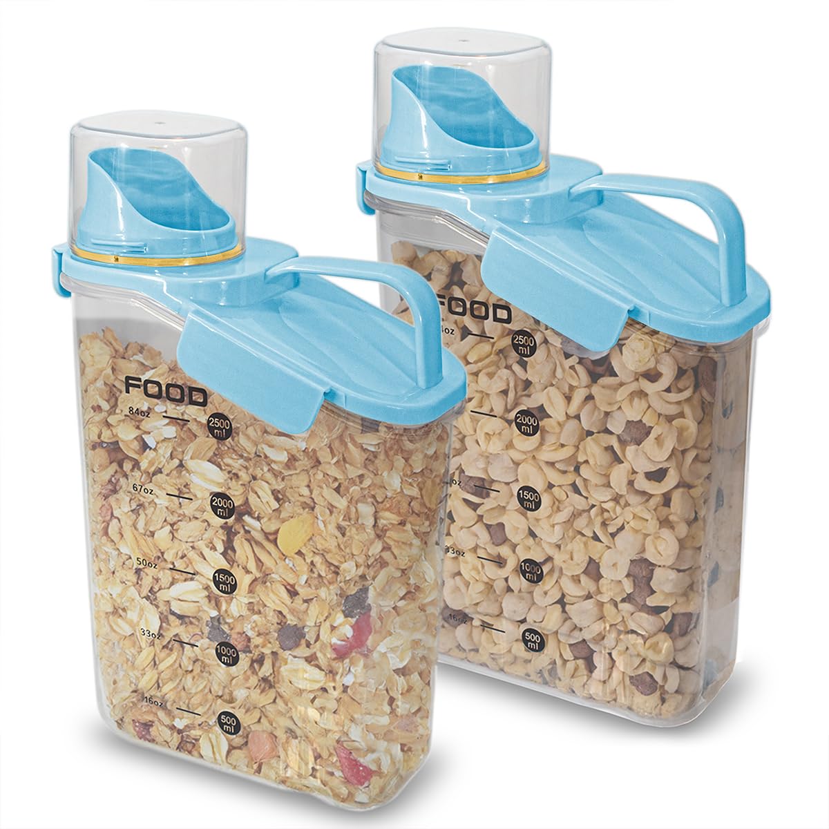 Two Pack Food & Cereal Storage Container - 2.6L Airtight Plastic Kitchen Organizer Bin with Pouring Spout, Measuring Cup Lid, Ideal for Dry Food, Rice, Sugar, Pet Food dispenser - BPA free (Blue)