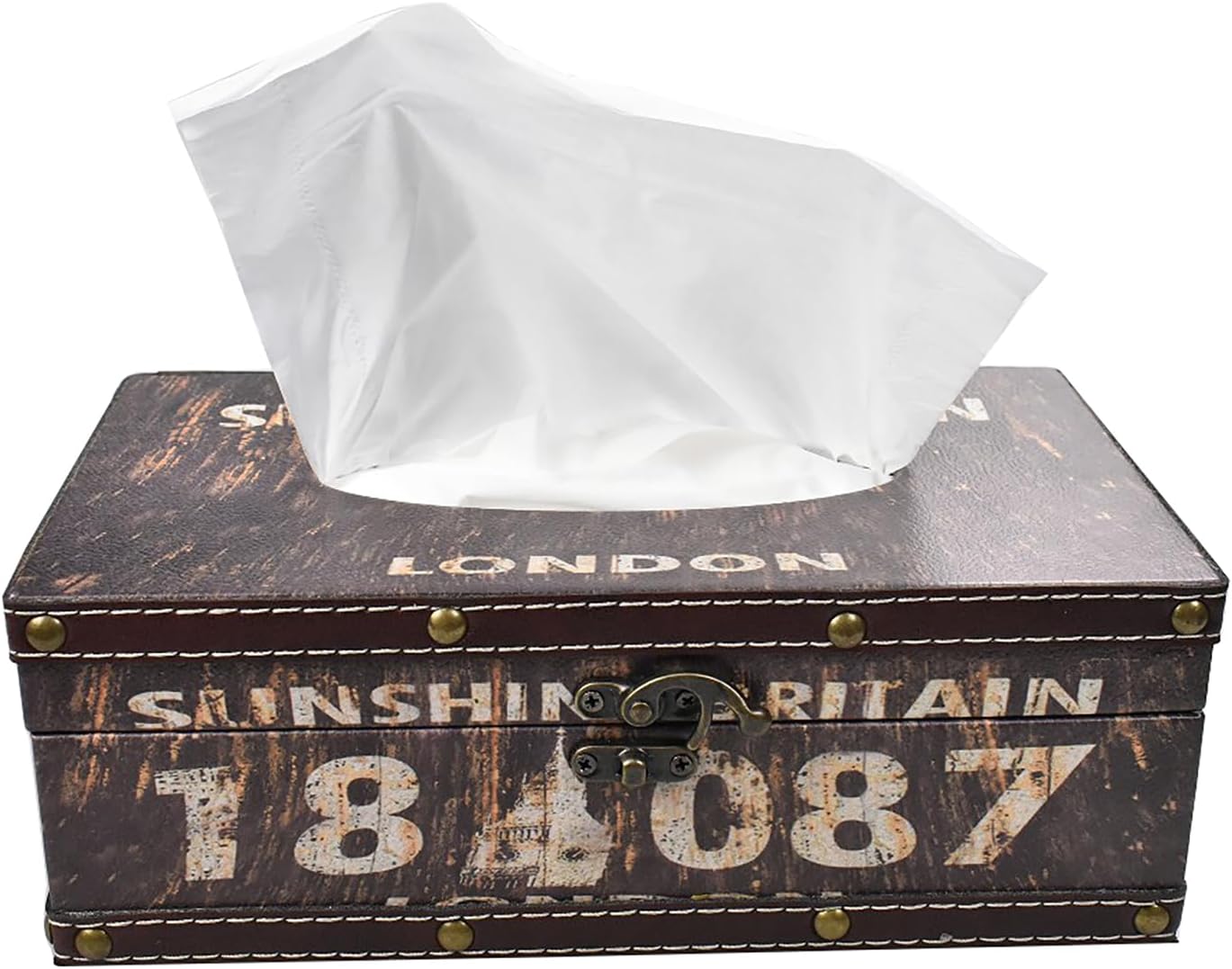 Wood Tissue Box Cover with PU Leather & Vintage Pattern - Rectangle Decorative Tissue Holder for Home, Car, Office, Bathroom, Desk - Fits Standard Medium Tissues with Lid (18087Coffe)