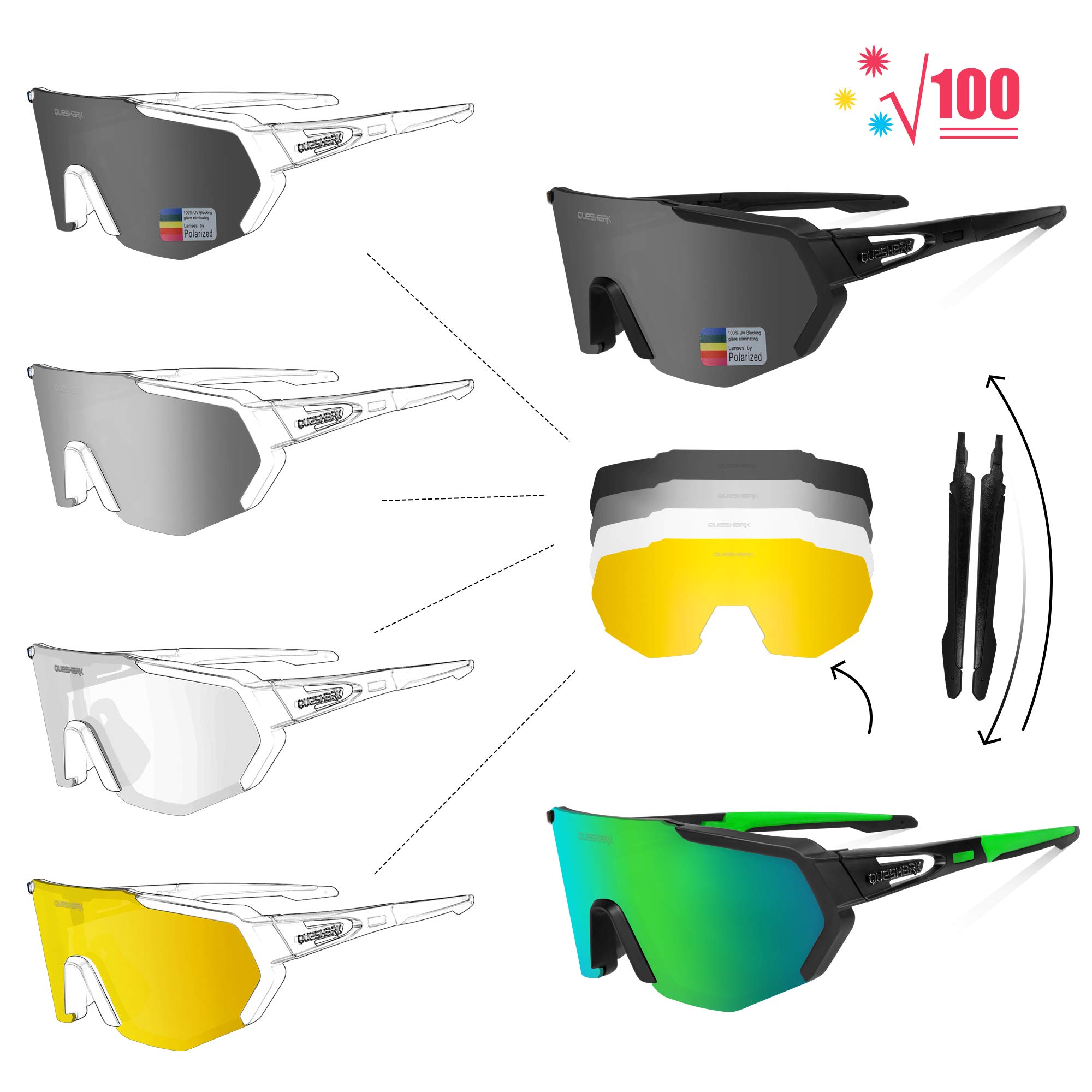 Queshark Polarizzati Anti-UV con 3 o 5 Lenti Occhiali da Ciclismo Bici MTB Intercambiabili per Sport Uomo Donna Guida Pesca Golf Baseball Corsa