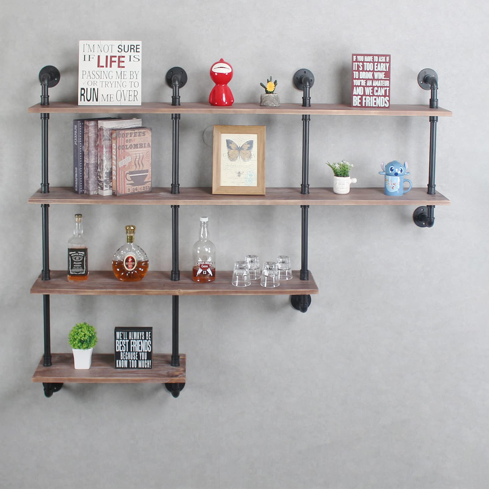 MBQQ 4-Tiers 63inch Industrial Pipe Shelving,Rustic Wooden&Metal Floating Shelves,Home Decor Shelves Wall Mount with Wine Rack,Decorative Accent Wall Book Shelf for Kitchen,Retro Brown