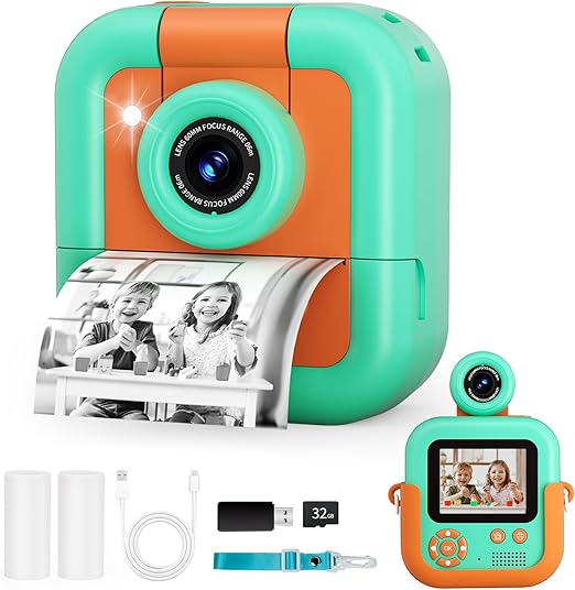 Kids Camera Instant Print,2.4 Inch Screen Toddler Digital Cameras,Christmas Birthday Gifts for Girls Age 3-12,Toddler Portable Travel Toy for 4 5 6 7 8 9 Year Old Boys Green