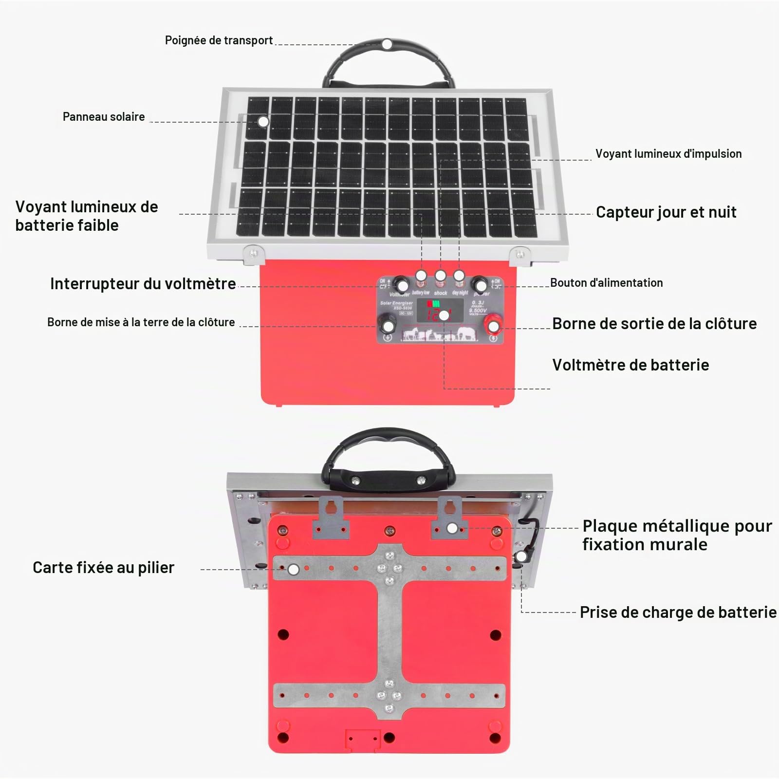 32KM cloture electrique solaire cloture electrique, 9,5 kV berger électrique Contrôleur pour chevaux, clôture électrique 0,5 J pour élevage d'animaux de berger, pour ferme, pâturage, jardin (Red)