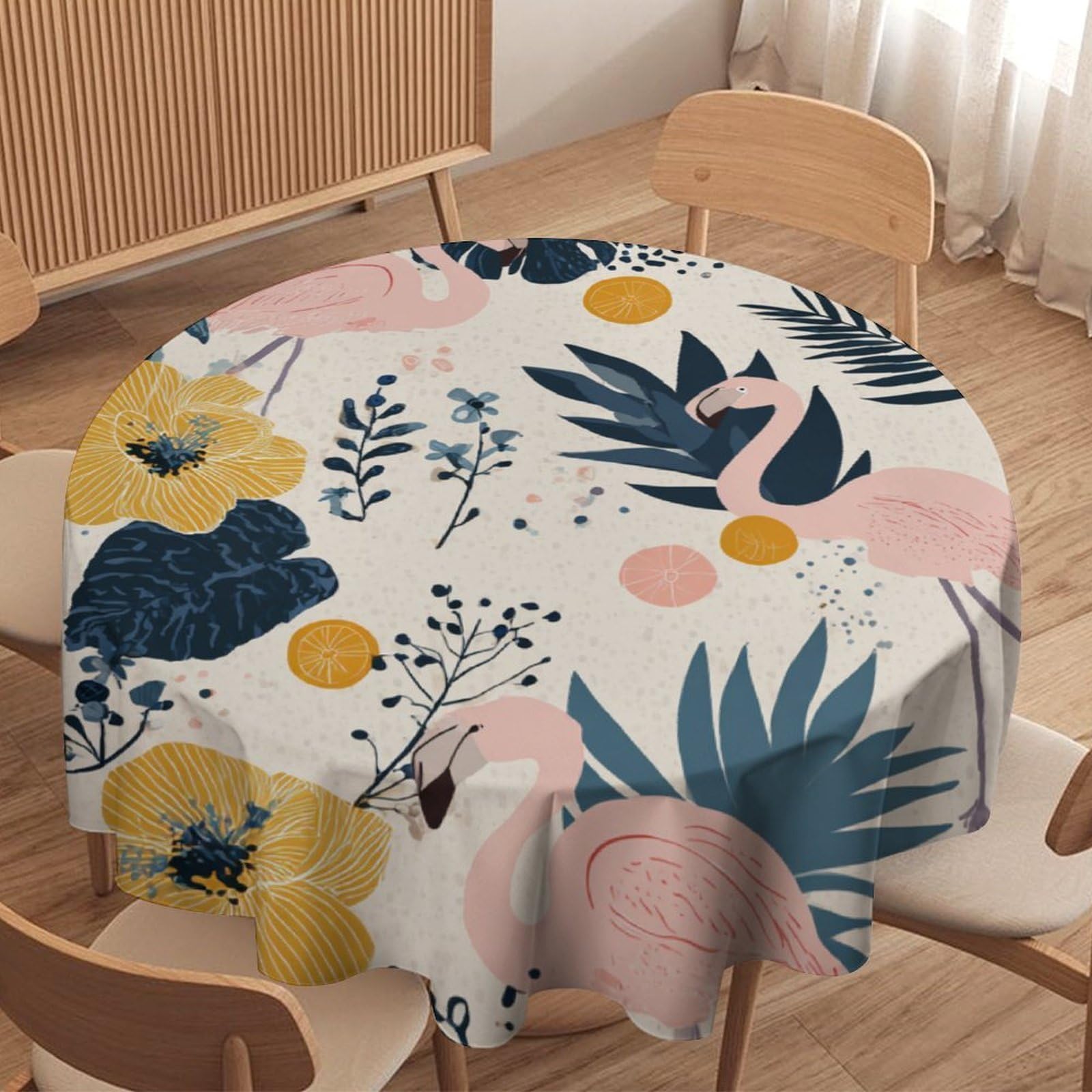LUYYSKY Retro Classic Animal Flamingos Round Tablecloth Beautiful Colorful Tropical Plants Palm Leaves Birds Flamingos Washable Decor for Table Cover for Kitchen-70 Wx70 L