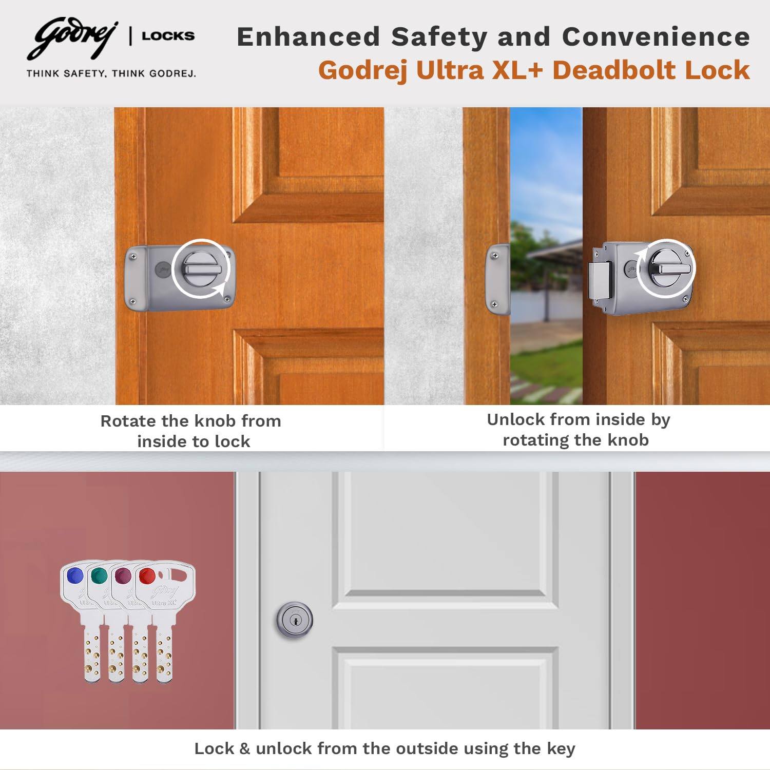 Godrej Rim Lock I Rim Deadbolt Ultra XL+ I 1CK Deadbolt I for Inside Opening Wooden Door | Left/Right Handed Doors I 4 Keys I 5-Year Warranty I Manual Locking l Matte Black Nickel Finish — Amazon image 7
