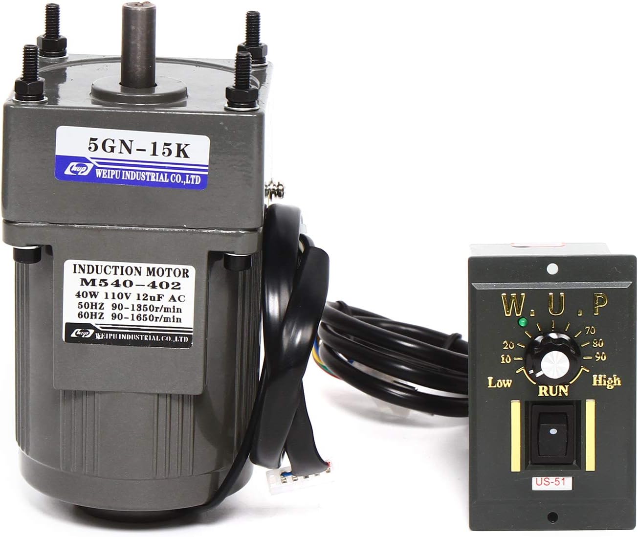 Variable Speed Gear Reduction Motor, 110V AC Gear Motor Single-Phase High Torque Electric Gear Reducer Motor with Speed Controller 0-90RPM 40W 15K(Reduction Ratio 1:15)