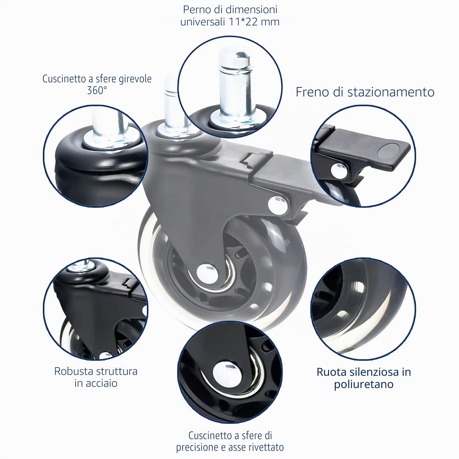 HMF 6810 Ruote per pavimento duro con funzione freno per sedia da ufficio, 5 pezzi, 11 mm, nero