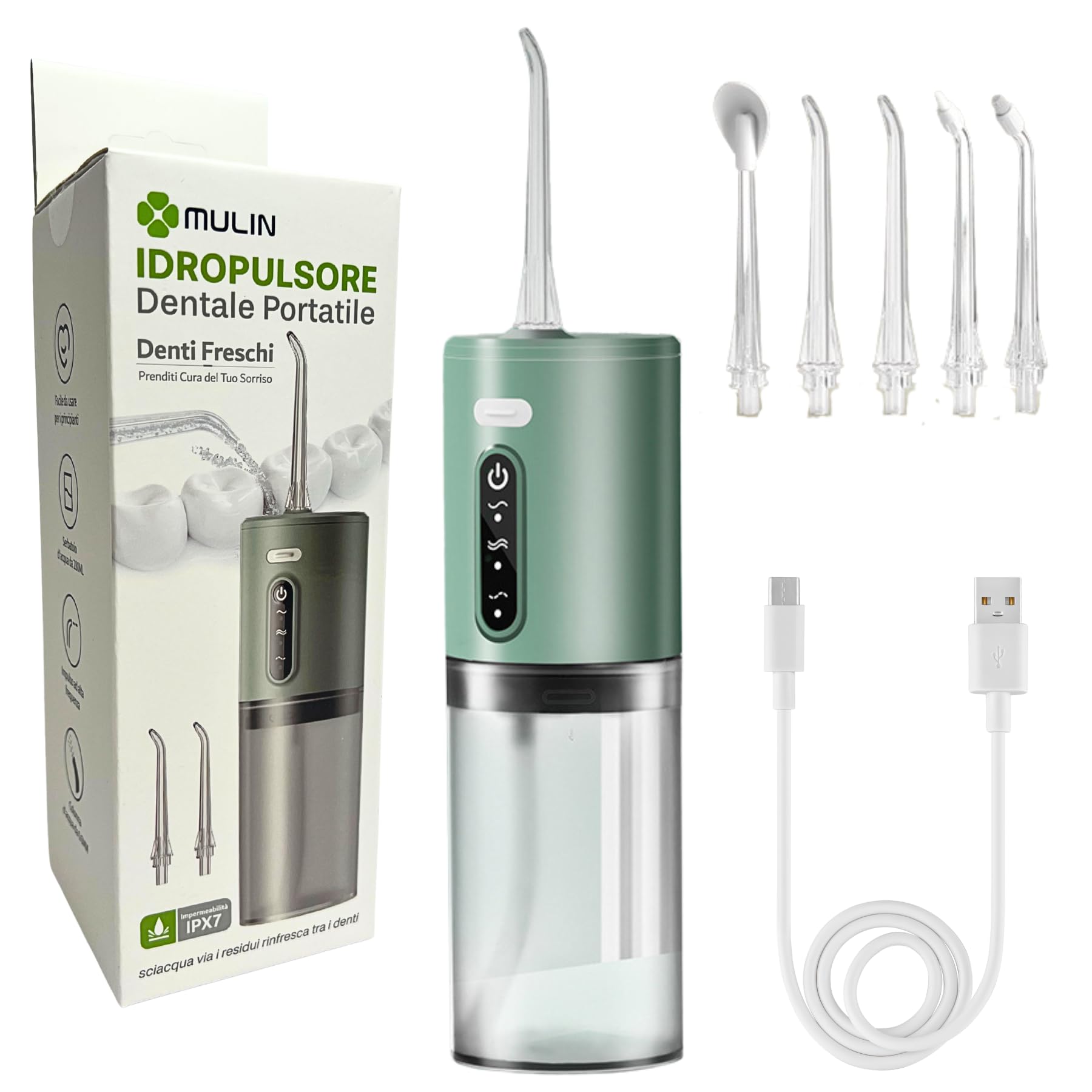 Irrigatore Orale Professionale Senza Fili per Casa e Viaggio – Idropulsore Dentale Portatile ad Acqua Ricaricabile Impermeabile IPX7 con 5 Ugelli Intercambiabili - Verde