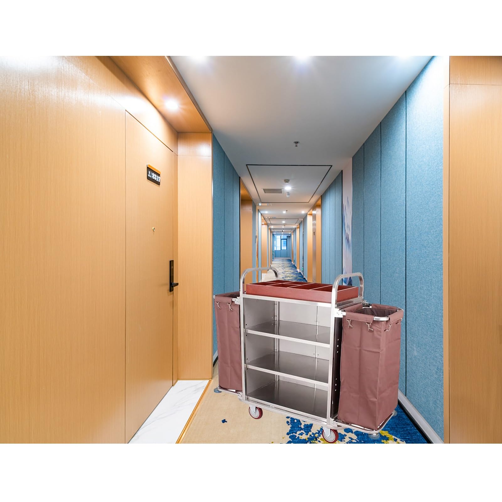 Hotel und Housekeeping-Wagen mit Rädern, Multifunktionaler Gewerblicher Reinigungswagen, Wäschekorbwagen, Abnehmbarer Stoffbeutel, Edelstahlrahmen