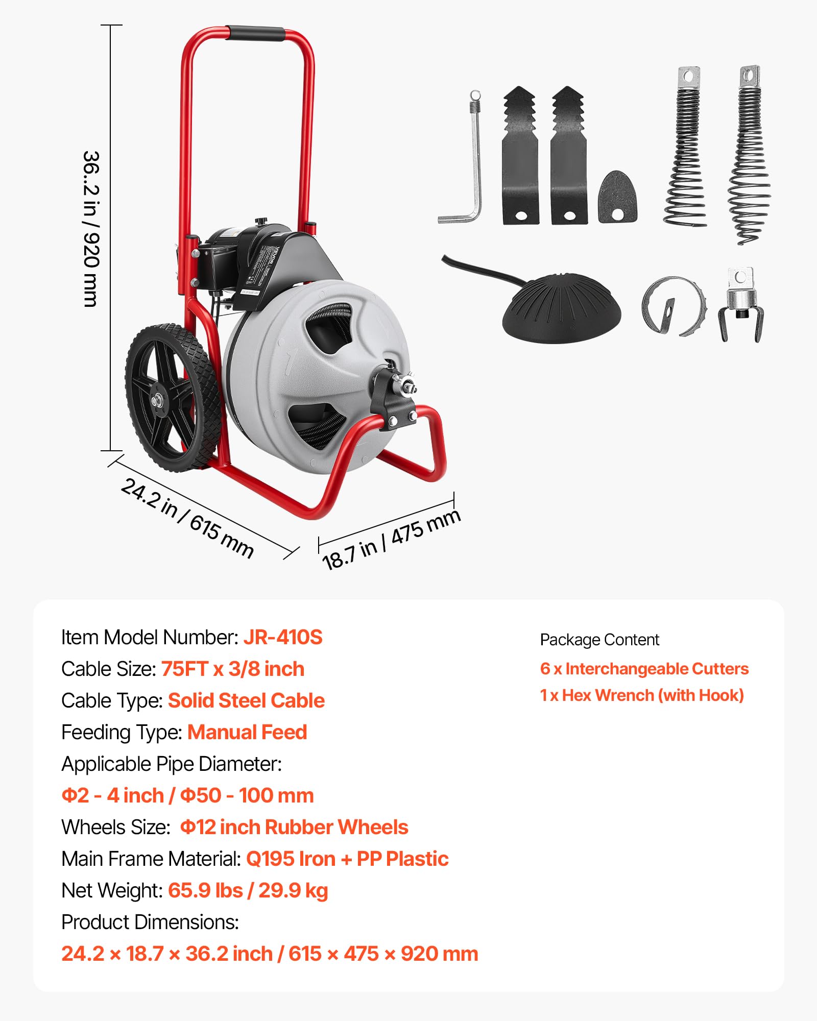 VEVOR Máquina de Limpieza de Desagües 22 m x 9,5 mm, Máquina de Limpieza de Tuberías con Alimentación Manual y Ruedas, con 4 Cortadores e Interruptor de Pedal Neumático, para Tubos de 5-10 cm