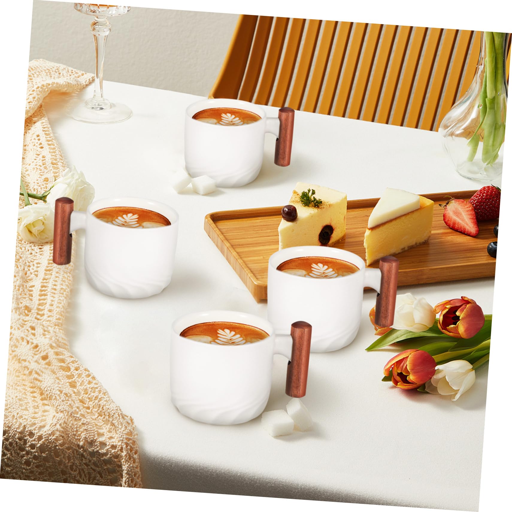 SOLUSTRE 4stücke Keramik-kaffeetassen mit Holzgriff Espressotassen aus Porzellan Teetassen Zuhause Büro-trinkbecher Weiße Milchbecher