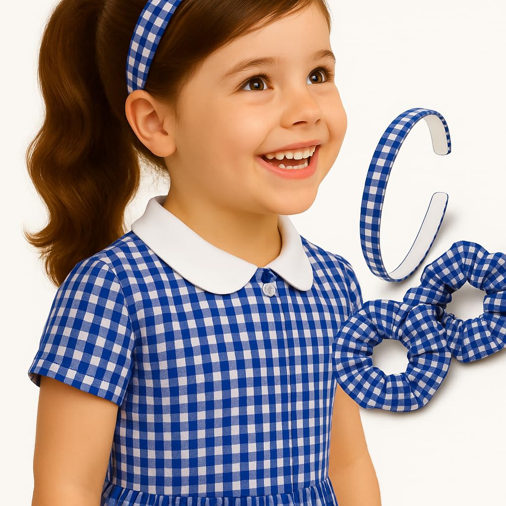 Girls Gingham Hair Set - Dark Blue School Headband & 2 Matching Scrunchies