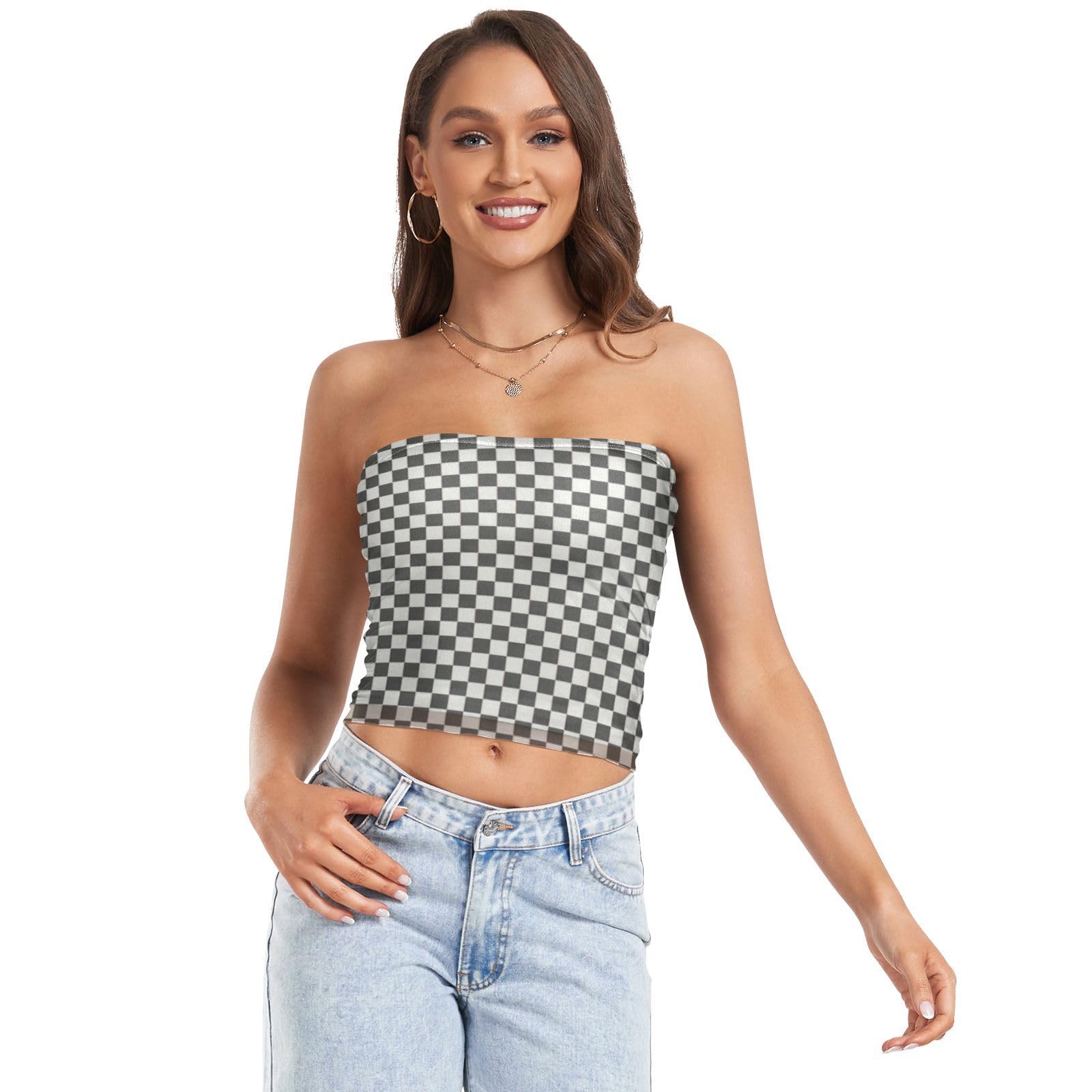 Lyeorm Women's A954 Tube Tops For Checkered Black White Summer Strapless Sleeveless Tank Tops Casual Corset Crop Top, S