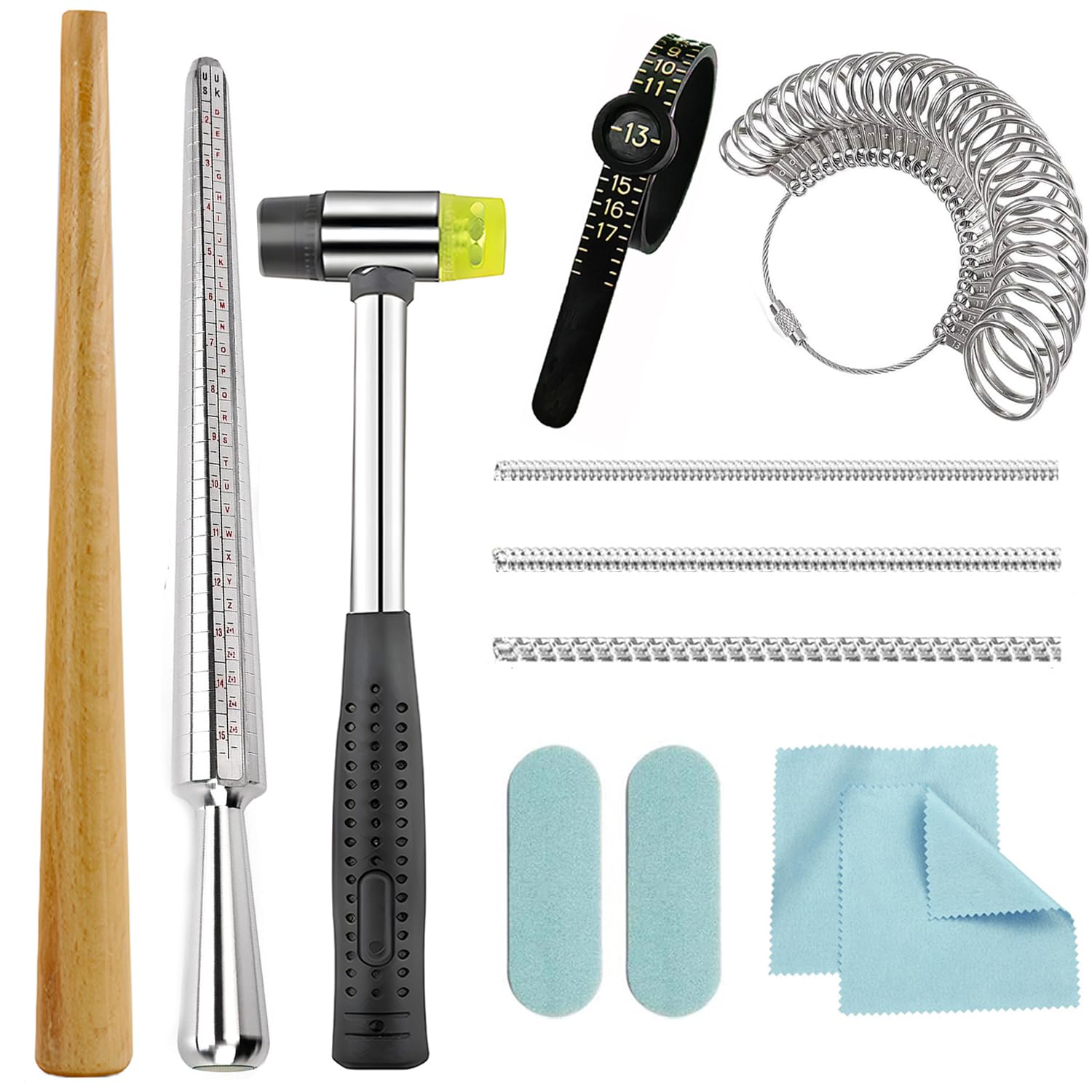 Ring Sizer Measuring Tool Metal Ring Mandrel and Mallet for Ring Making Ring Size Measurer Ring Shaper to Fix Bent Rings Jewelry Sizing Reshaper Repair Kit with Hammer (12-Ring Sizer Tool)
