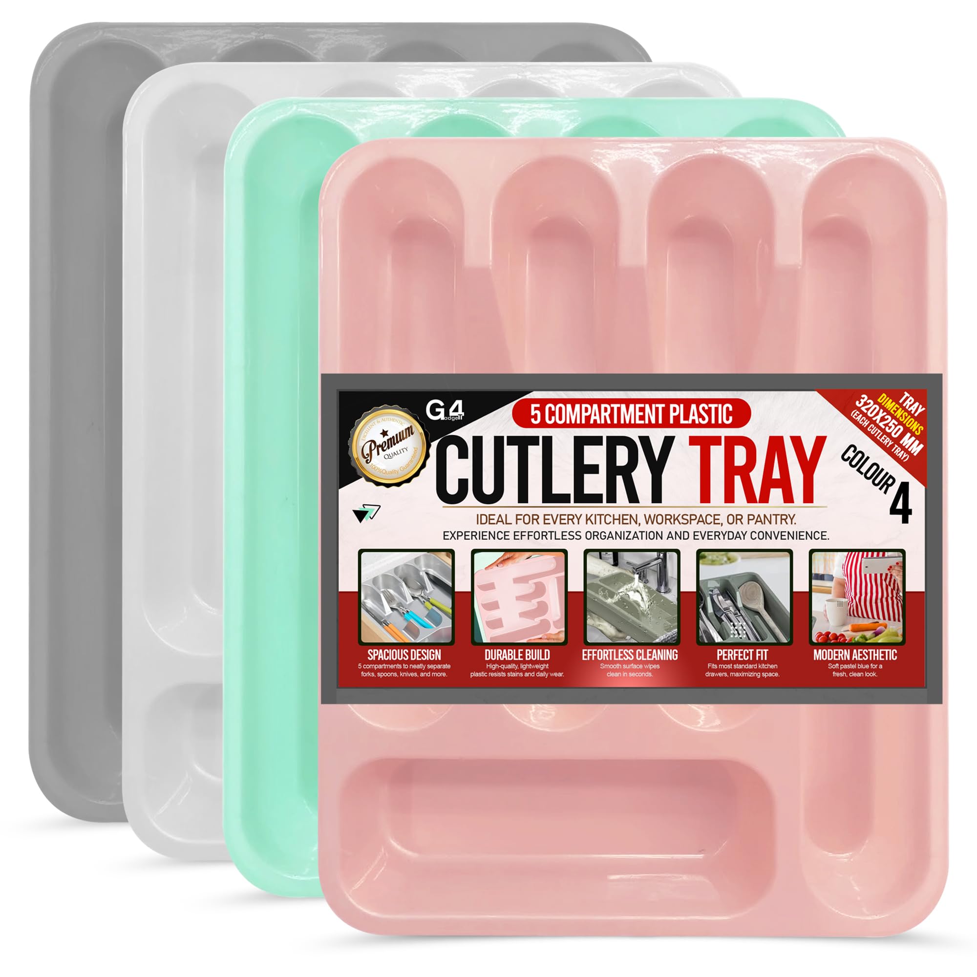 G4GADGET 5 Compartment Cutlery Tray Drawer Organiser, Random Colour, Durable Plastic, Non-Slip Utensil Holder for Kitchen Organisation