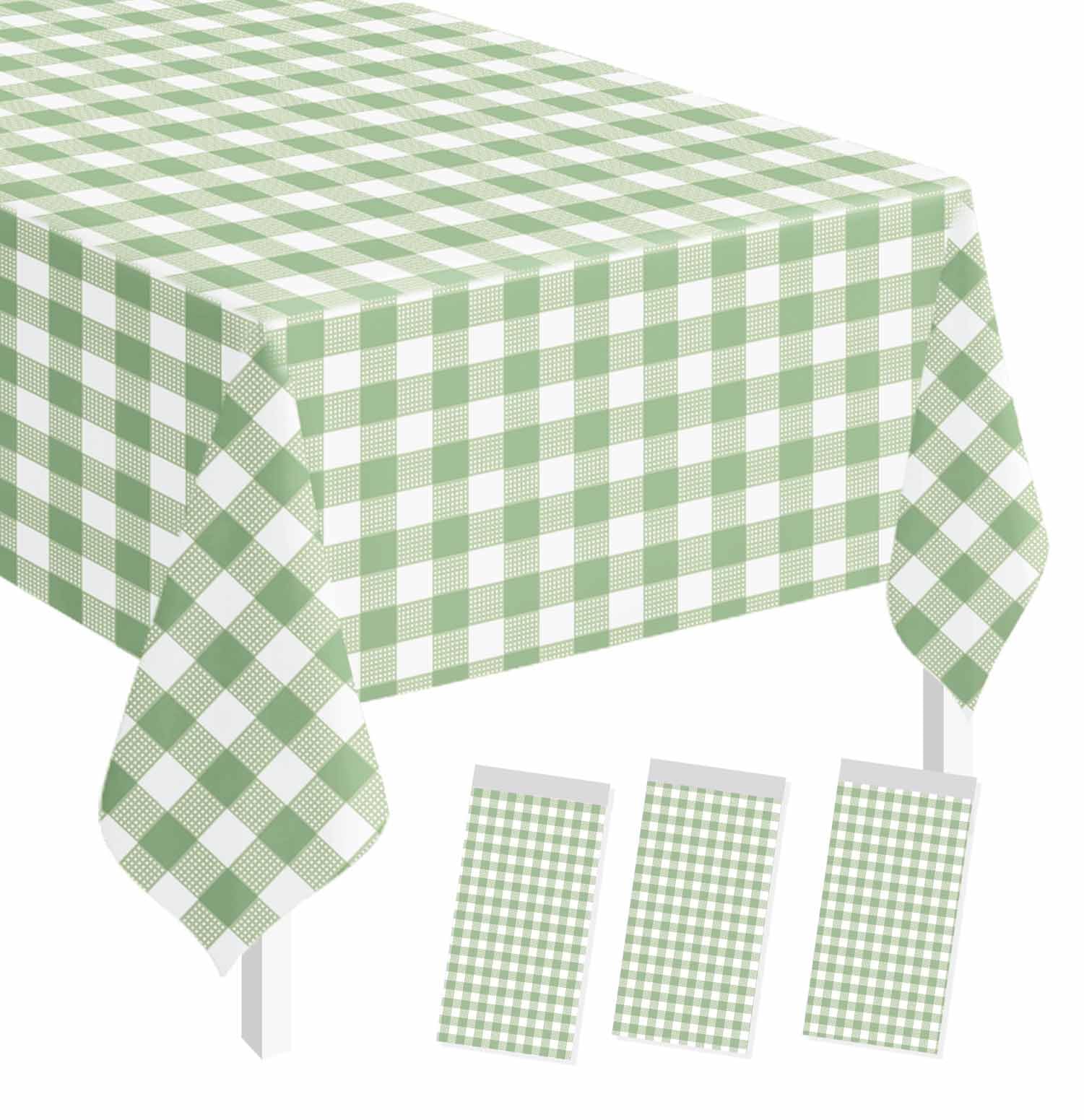 SietDESEO 3 Pack Sage Green Gingham Tablecloth Rectangle 54 x 108 Sage Green and White Checkered Table Cloth Disposable Plaid Table Cover Plastic for Birthday Baby Shower Picnic Wedding Party Supplies