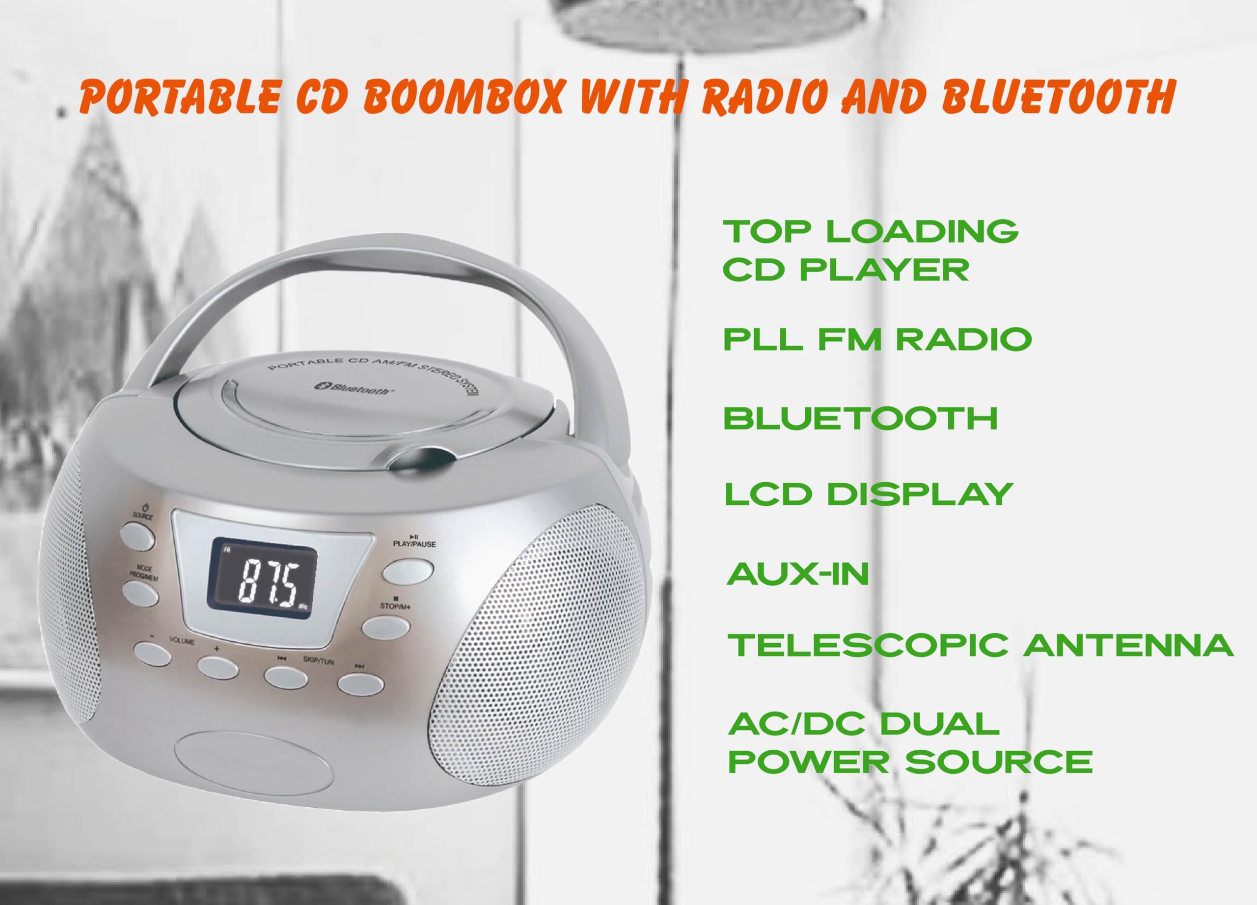 HANNLOMAX HX-332CD Portable CD Boombox, PLL FM Radio, Bluetooth, LCD Display, Aux-in, AC/DC Dual Power Source (Silver)