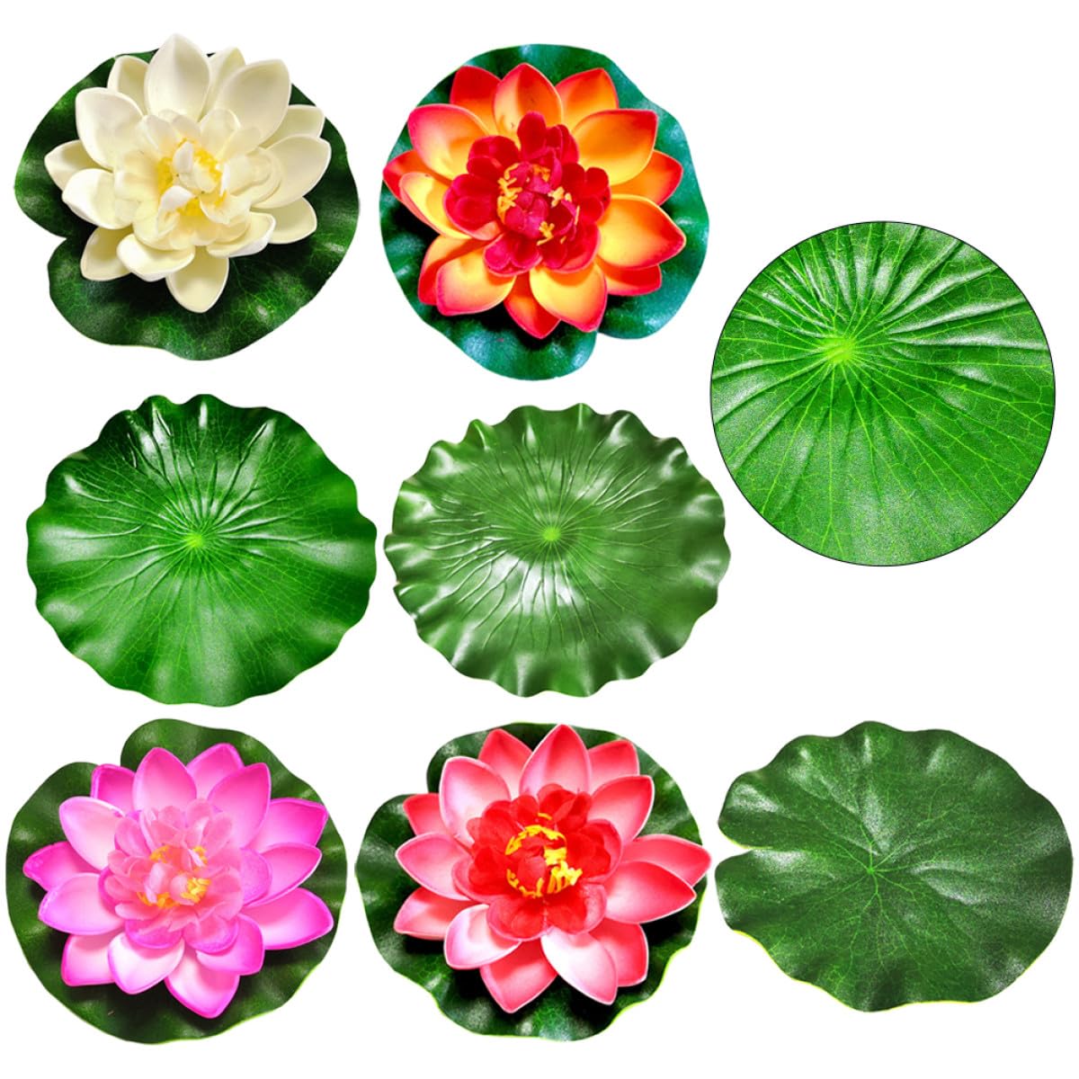 Piscine et fontaine sublimées par ce lot de 8 nénuphars artificiels flottants multicolores