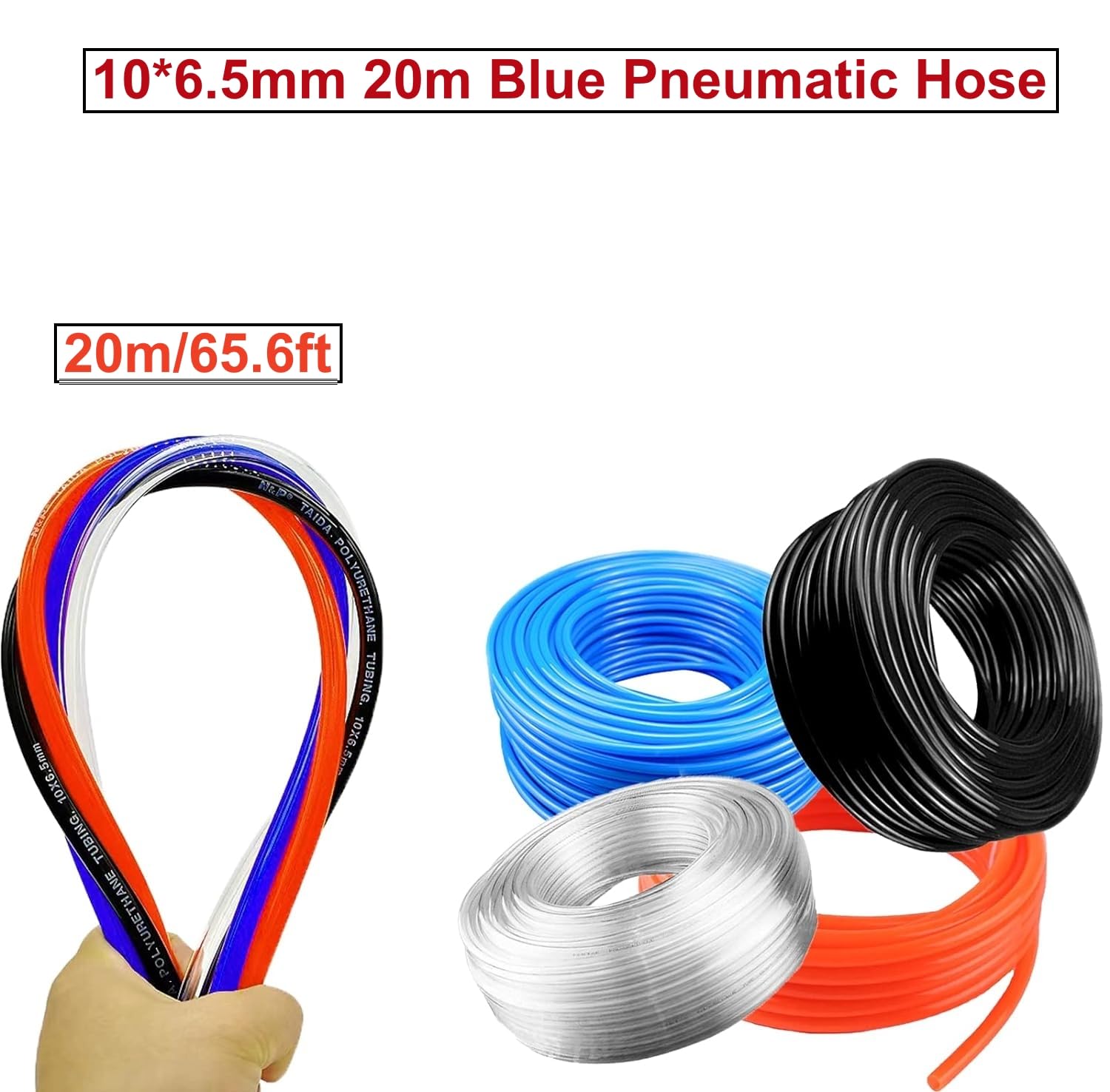 HUAZIZ 20 m de manguera neumática de poliuretano azul, manguera neumática de poliuretano, manguera flexible de aire comprimido, exterior 10 mm x interior 6,5 mm + 1 cortador de manguera azul + 1 pieza