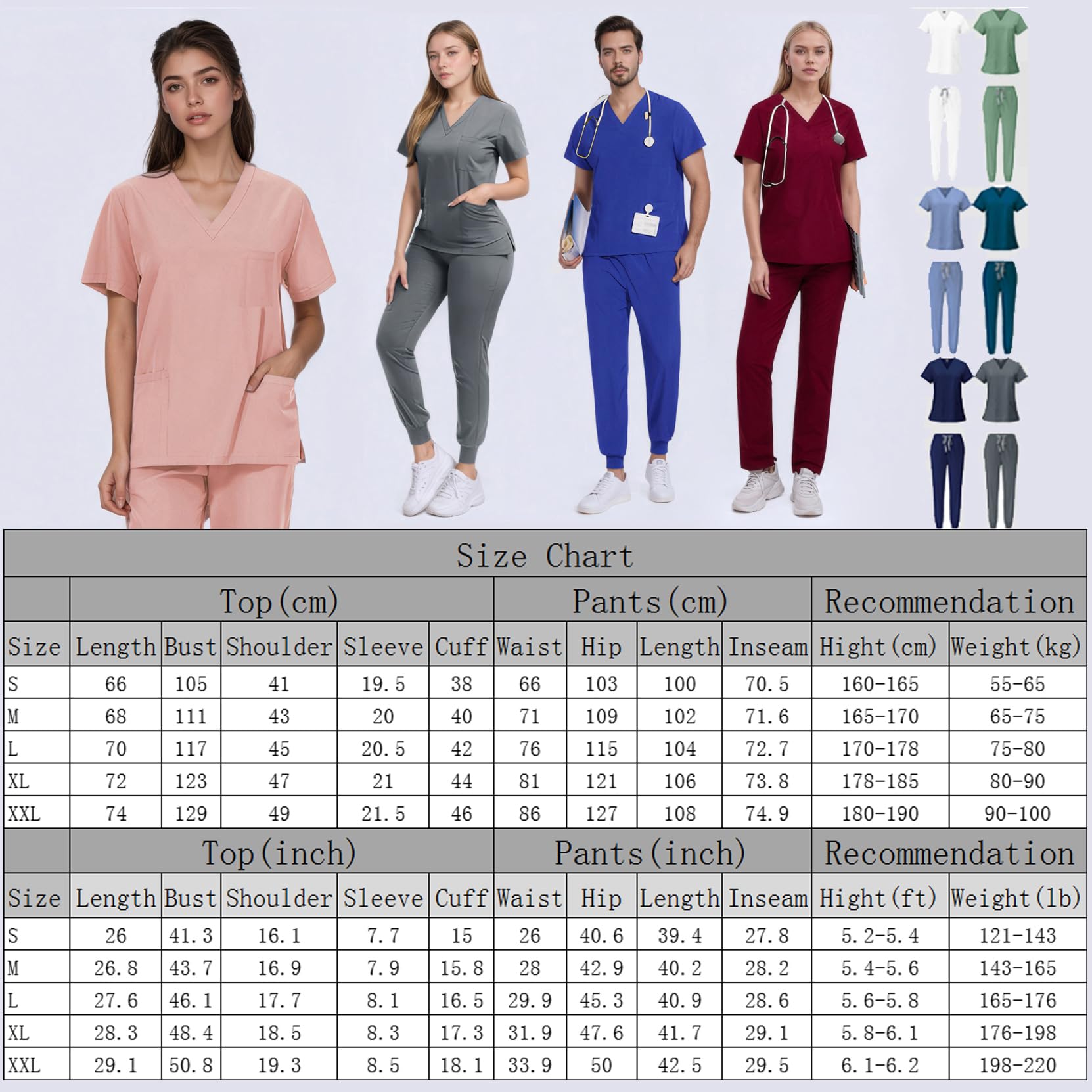 Chesoon Uniformes médicos para Mujer Hombre Camiseta con Cuello en V y pantalón de chándal Cintura elástica 3 Bolsillos en la Parte Superior y en los Pantalones