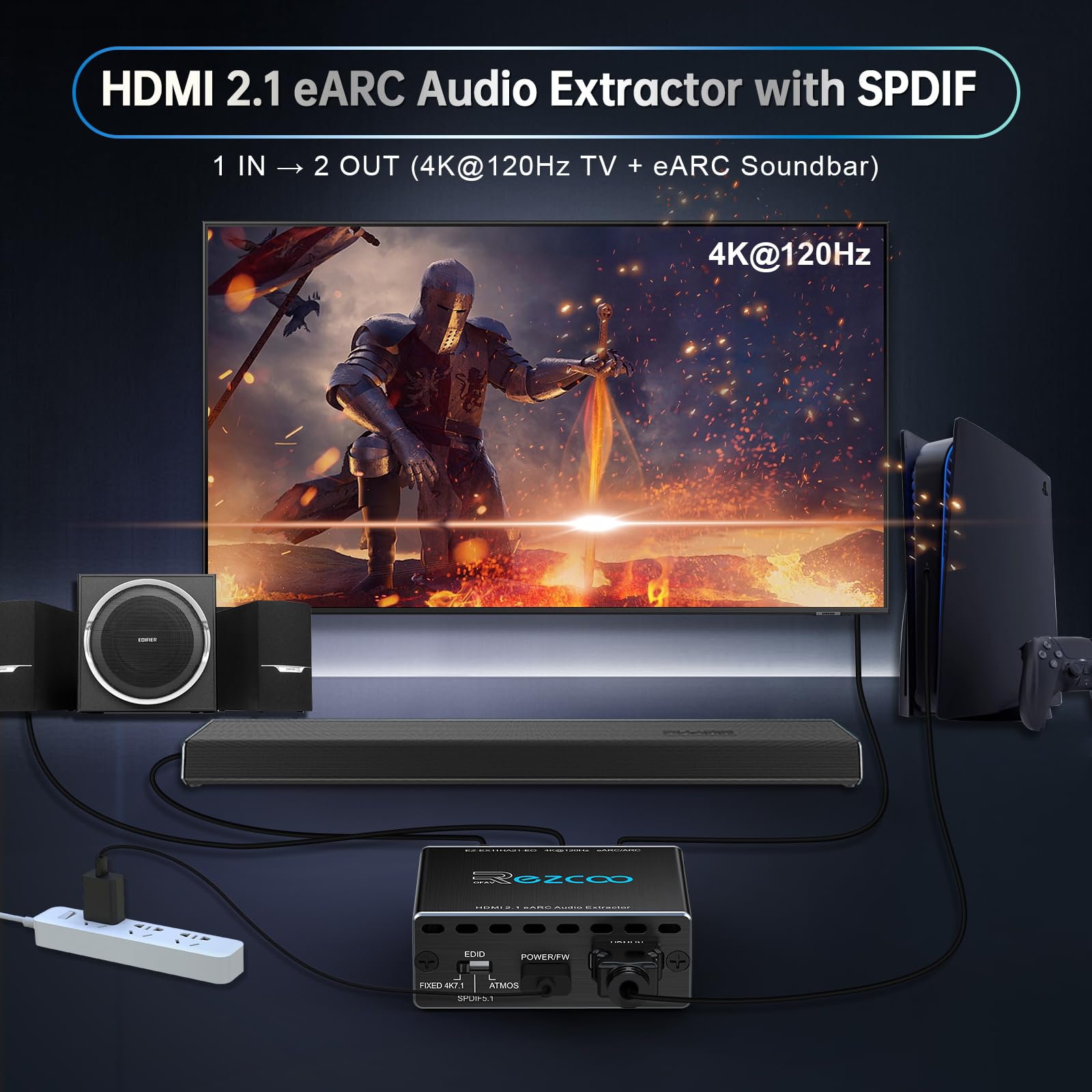 ROFAVEZCO Extracteur Audio HDMI 2.1 eARC 4K@120Hz Dolby Atmos/Vision VRR/ALLM CEC Bypass HDCP2.3 SPDIF Plug & Play pour Soundbars/Sonos ARC/eARC/PS5/Xbox