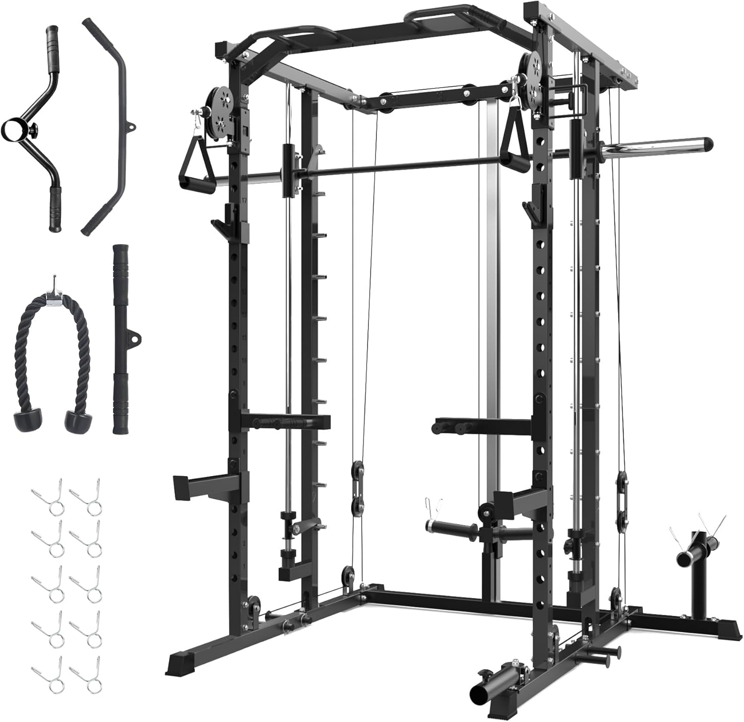 GarveeLife Power Cage, Smith Machine Squat Rack, Heavy Duty Power Rack for Home Gym with Pulley System, Dip Bar, LAT Pulldown, Multifunctional Squat Rack for Home Gym