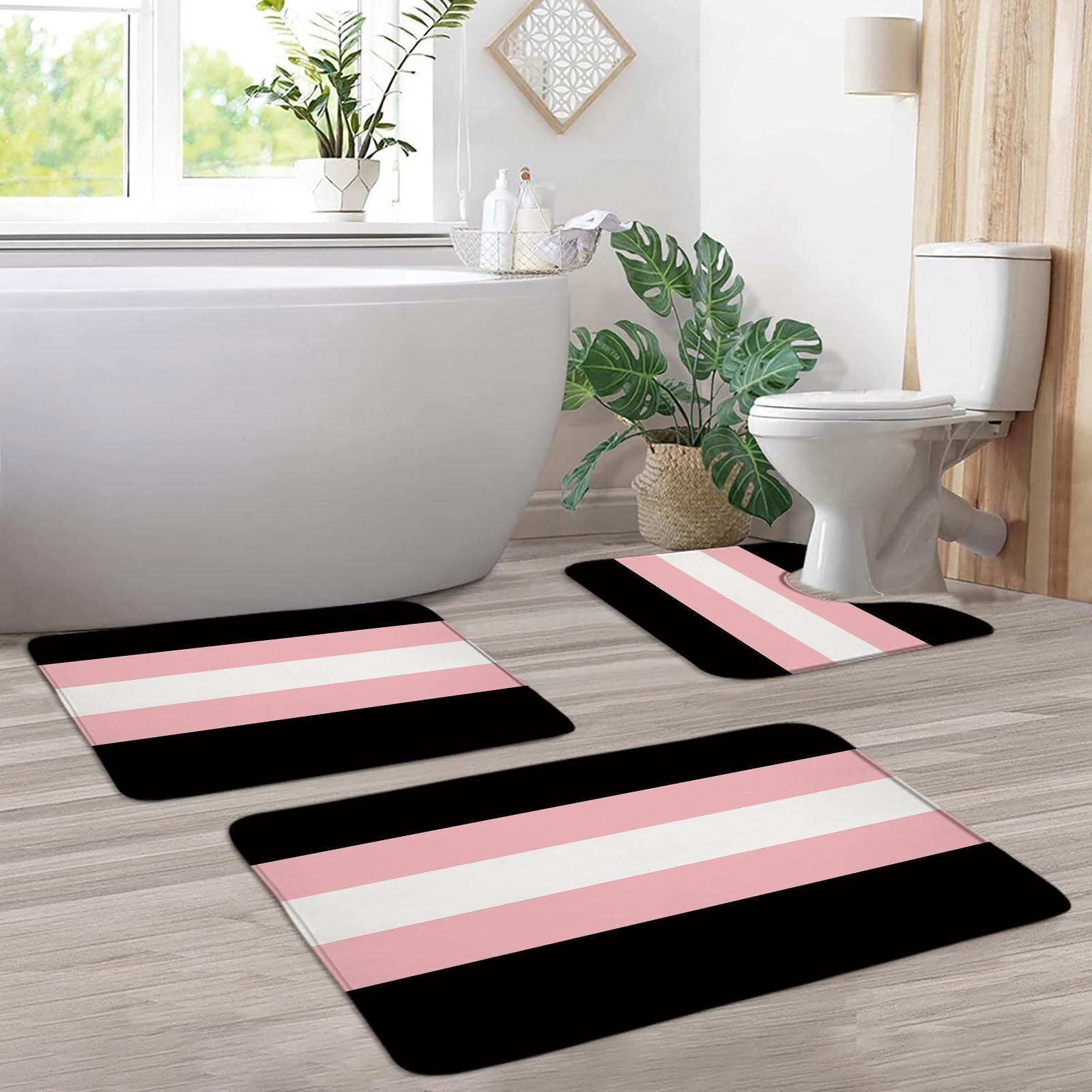 AMFD 3Pcs Black Pink Bath Mat Sets,Modern Geometric Striped Contemporary Simple Fashion Boho Bathroom Bathtub Floor Rugs Doormat Toilet Decor