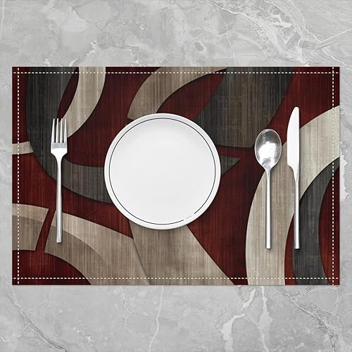 Miniatura 2 de Juego de 4 manteles individuales abstractos en espiral de 12 x 18 pulgadas, diseño retro de rayas geométricas, color burdeos, rojo, gris, para