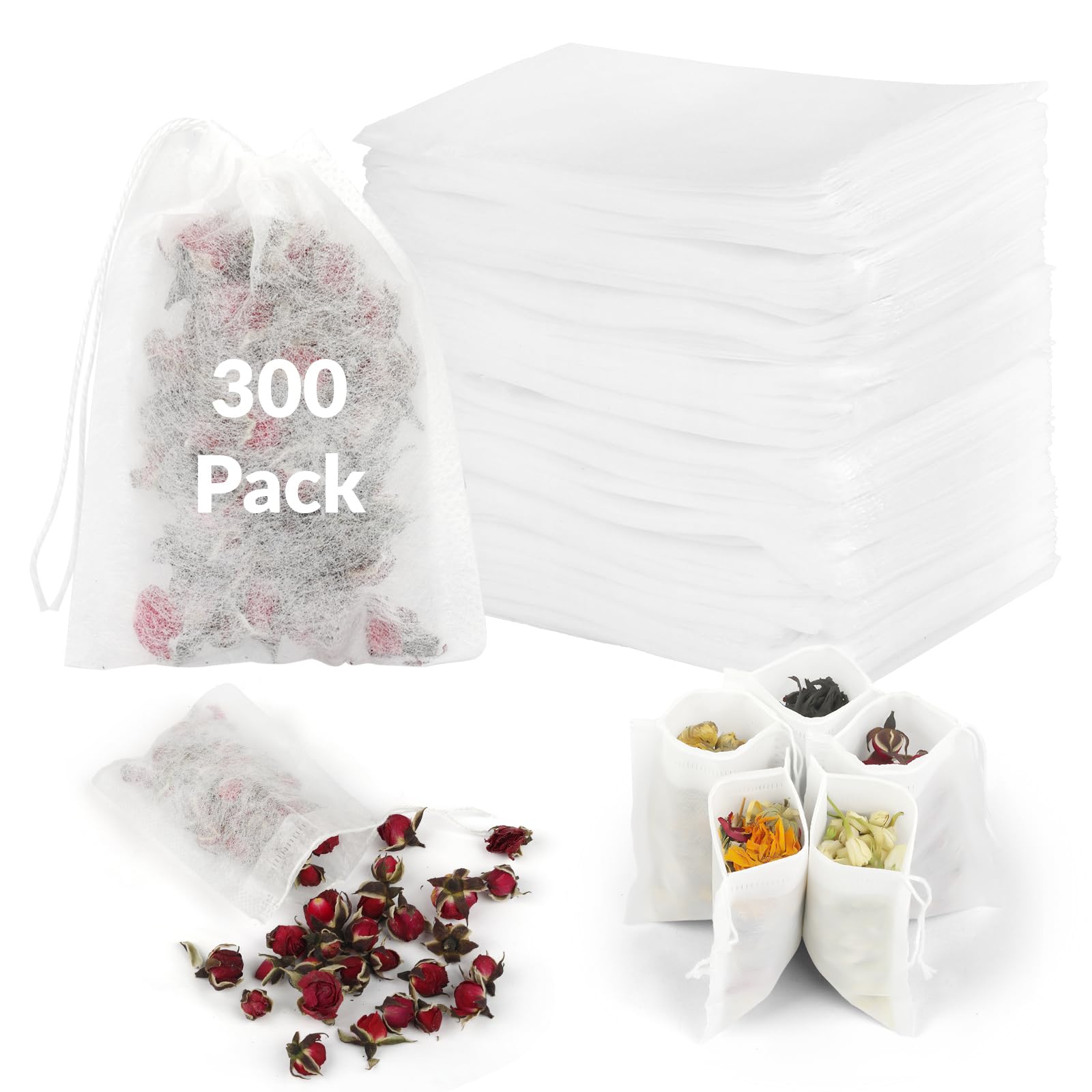 300 Pcs Disposable Tea Bags for Loose Leaf Tea, Safe and Natural Biodegradable Corn Fiber Tea Filter Sachets with Drawstring, Unbleached Fillable Tea Infuser Bag (3.54 x 2.75")-image-48