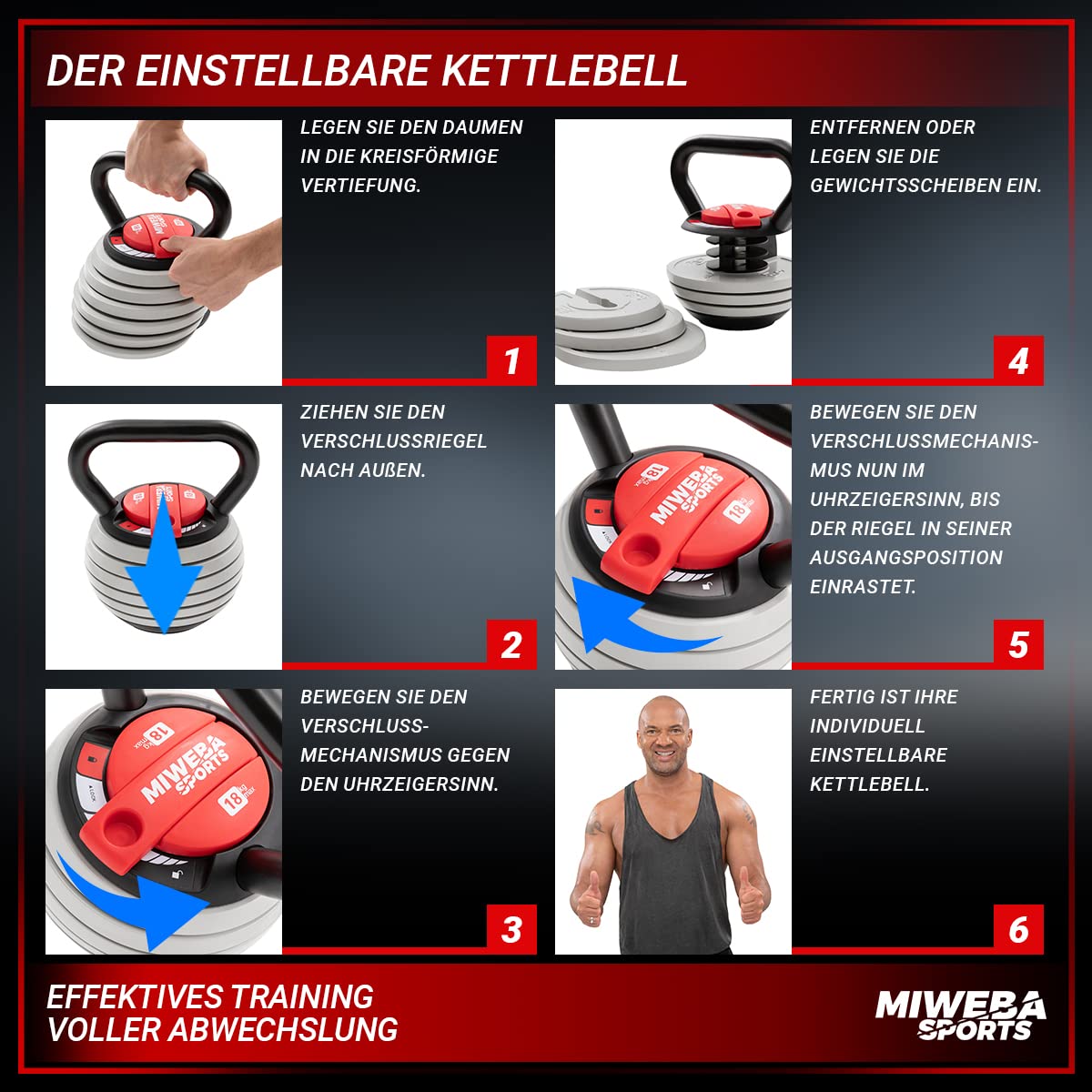 Miweba Sports Kettlebell verstellbar KB300 | 3,5-18 kg Gewichte - Easy Lock Kugelhantel - Einstellbares Kugelgewicht - Schwunghantel - Kettlebells - Hanteln - Fitness Hantel für Indoor & Outdoor