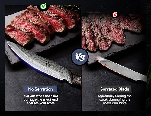 Miniatura 6 de Juego de 6 cuchillos para carne con organizador de cajones, 4.8 pulgadas de alto carbono, estilo japonés sin dentar, con mango de madera, diseño de