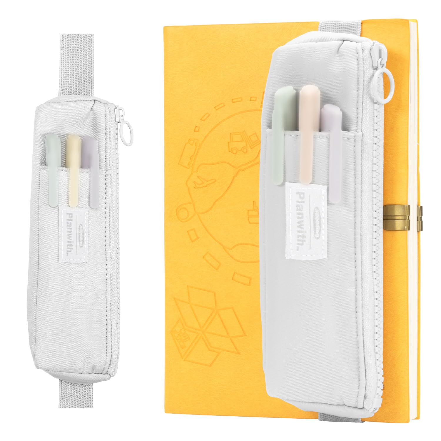 AOGEWON Slim Pen & Pencil Bag with Adjustable Elastic Band, Zipper Pouch for Makeup, Journal & More