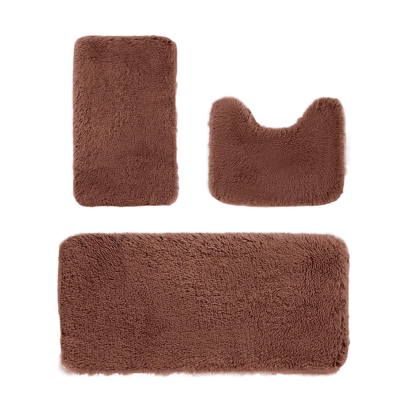 3 Piece Bathroom Anti-Slip Mat Set,U-Shaped Contour Rug, Mat and Toilet Lid Cover, Toilet Floor Mat, Plush Bath Mats for Tub, Shower, Bathroom, Washable (Brown)