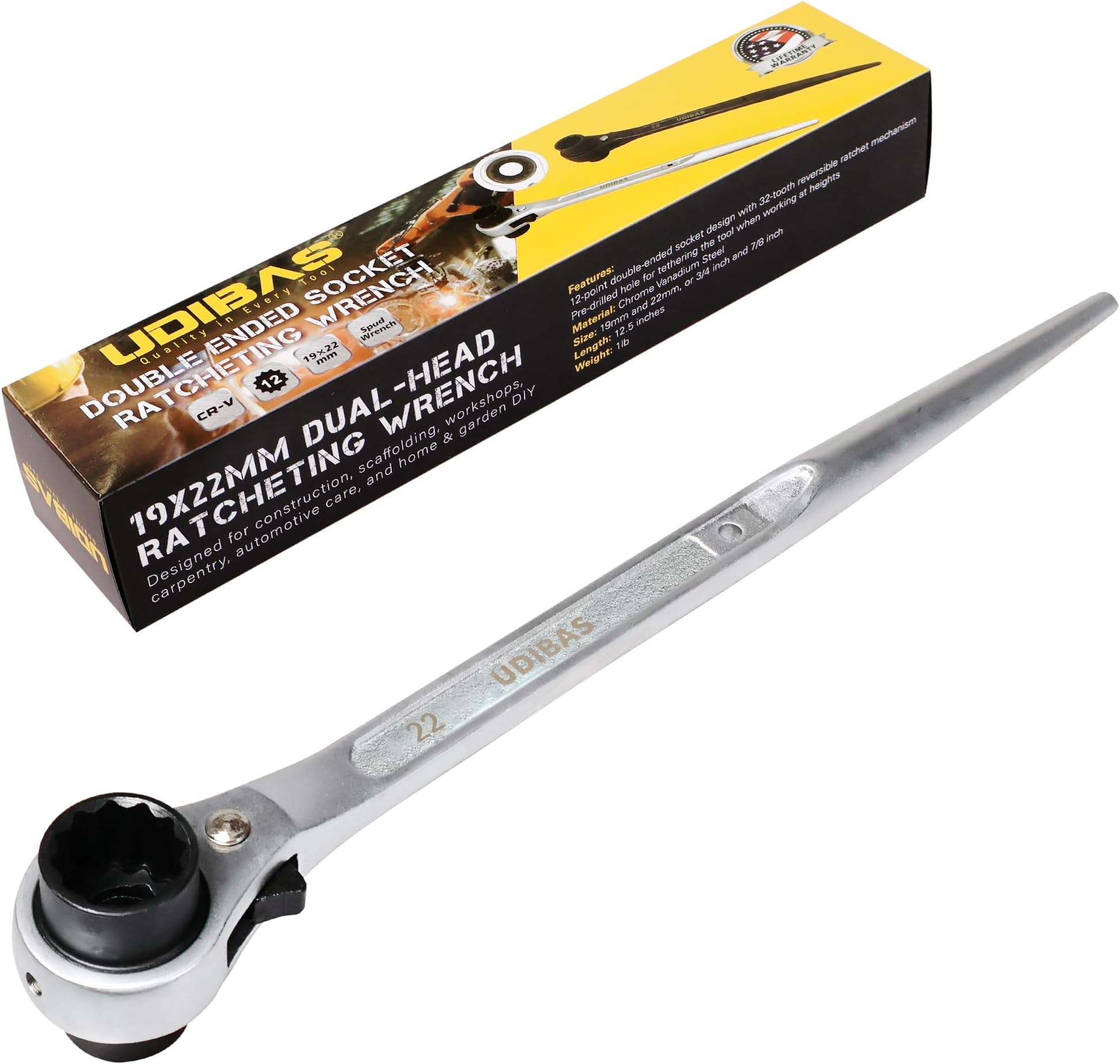 19mmร22mm (or 3/4" x 7/8") Professional Grade 12 Point Double Ended Socket Ratcheting Podger Scaffold Spud Wrench,Silver