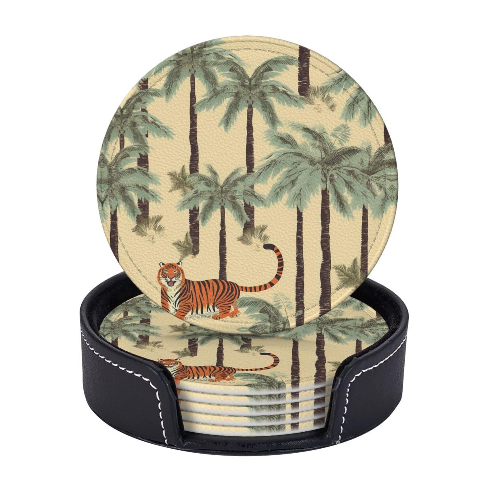 6PCS Drink Coasters with Holder, 4" Leather Coasters for Drinks, Palm Trees and Tigers Cup Coasters for Coffee Table Decor, Non-Slip Drinking Cup Mat for Hot or Cold Drink