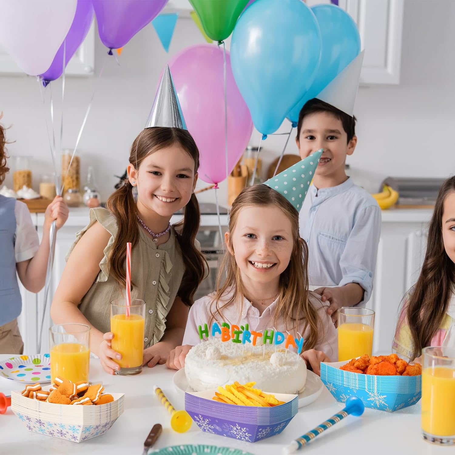 Ctosree 60 Pcs Winter Snowflake Paper Food Trays Blue and Purple Snowflake Winter Wonderland Disposable Paper Snack Bowl for Holiday Birthday Party Supplies Decorations