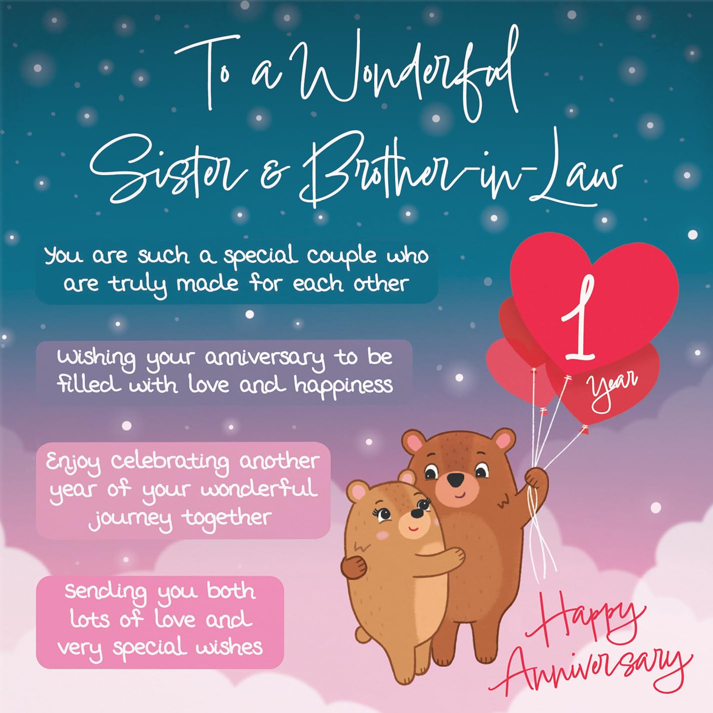 Hunts England, Sister And Brother In Law 1st Anniversary Card, Starry Night, Cute Bears - Image 2