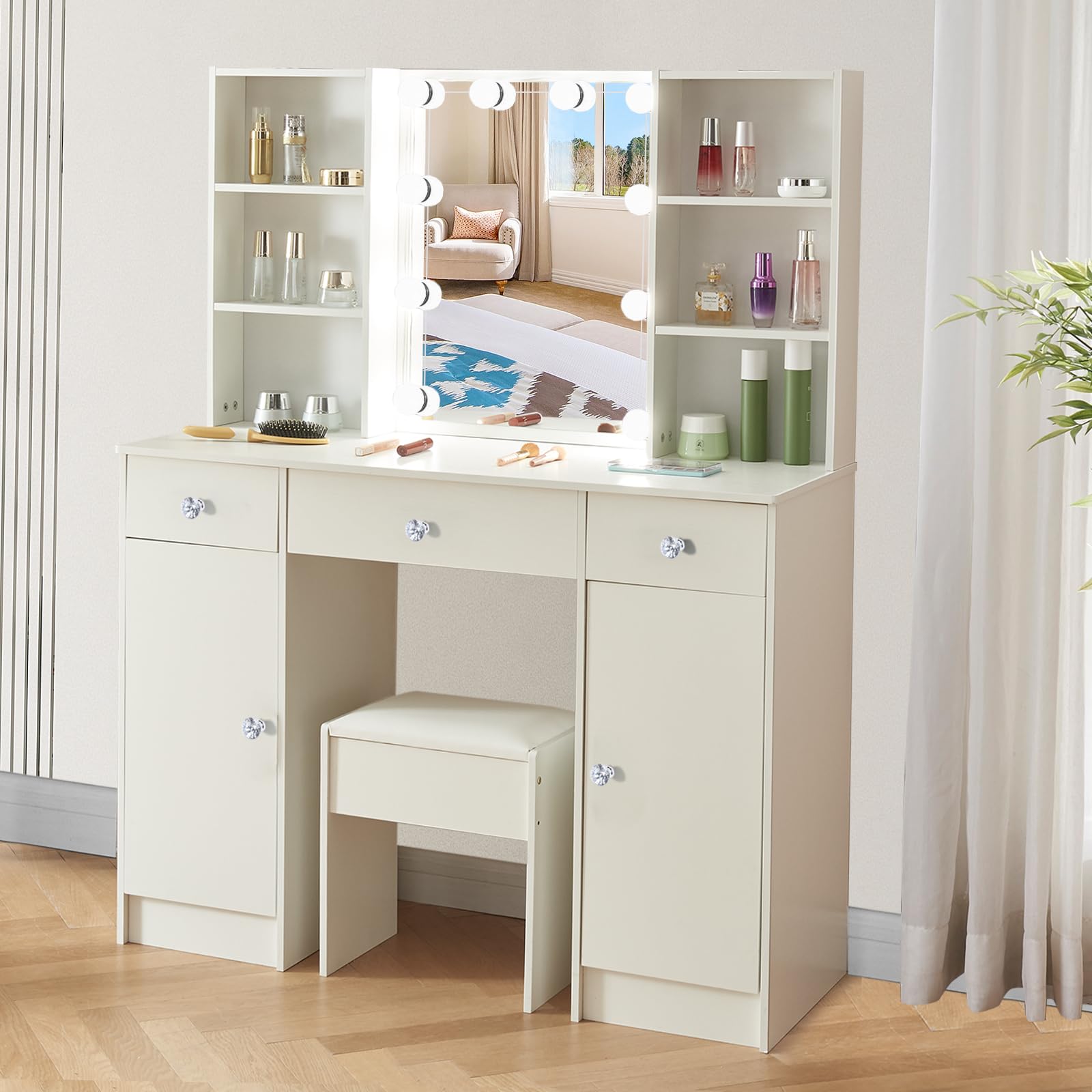 Koestem Dressing Table With Hollywood LED Mirror And Stool, Makeup Vanity With 4 Open Shelves