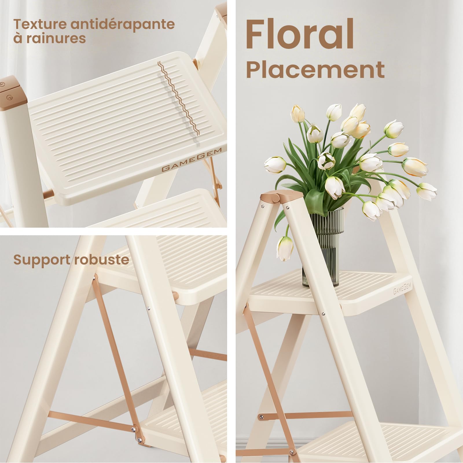 Escabeau 2 Marches pour Adultes, Échelle Pliante avec Base Antidérapante, Marches Élargies, Design Esthétique s'Intégrant Parfaitement aux Intérieurs Domestiques