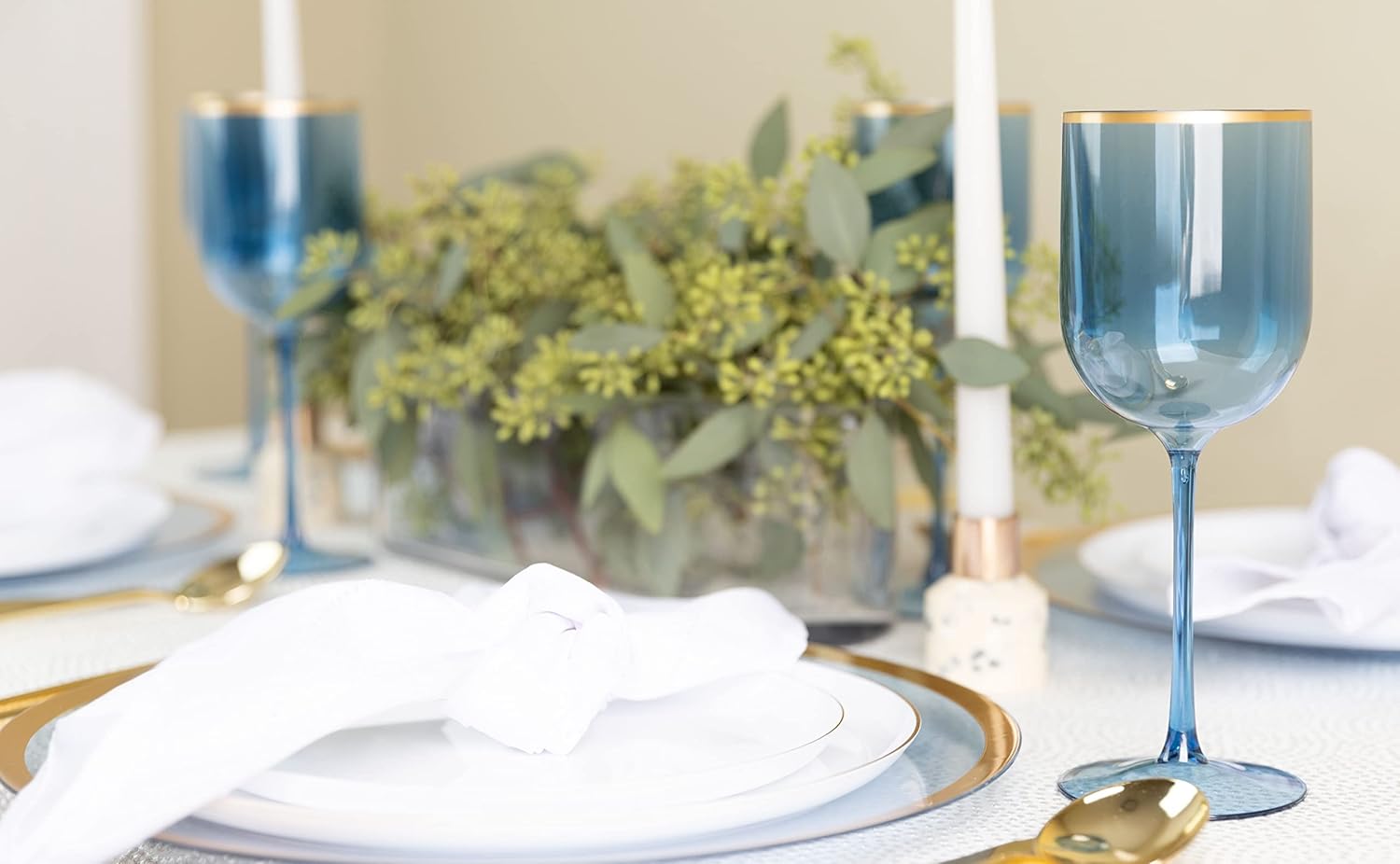 PLASTICPRO Blue Wine Cup with Gold rim Plastic Wine Glasses Set of 5 Elegant Wine Goblets Hard Plastic Wine Cups on Stem 12 Ounce - Image 3