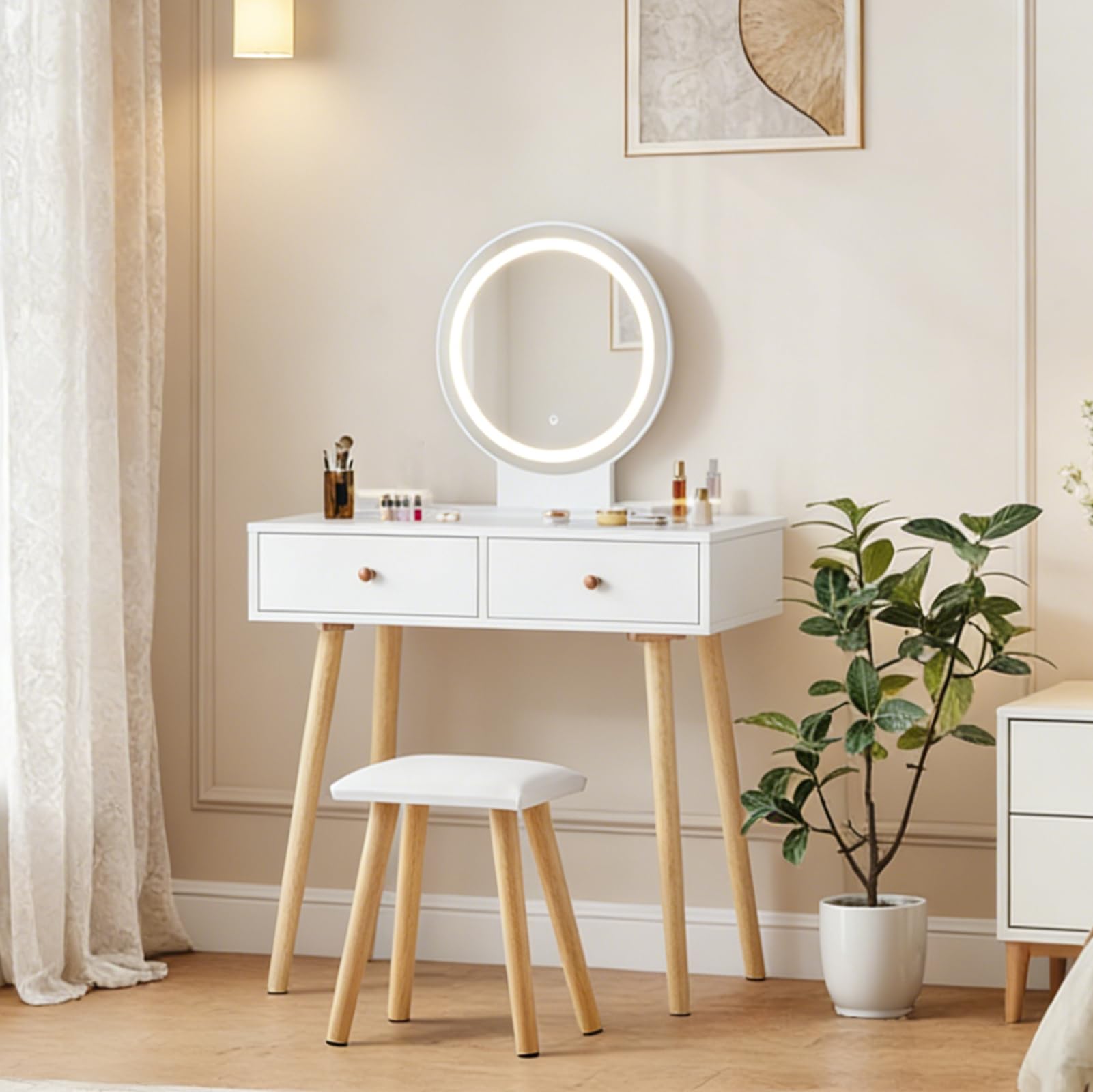 TUKAILAi Tocador Blanco con LED de Brillo Ajustable, Luces táctiles, Espejo, Taburete y 2 cajones, Juego de tocador, Mesa de Maquillaje, cosméticos, tocador, Muebles de Dormitorio