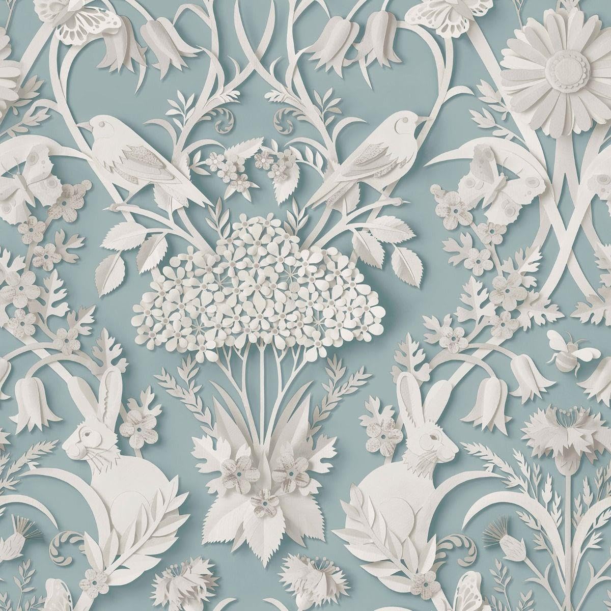YöL Woodland Blue Wallpaper - Floral Leaves Flowers Rabbits Animal Print - Naturistic Stylish Feature Wall