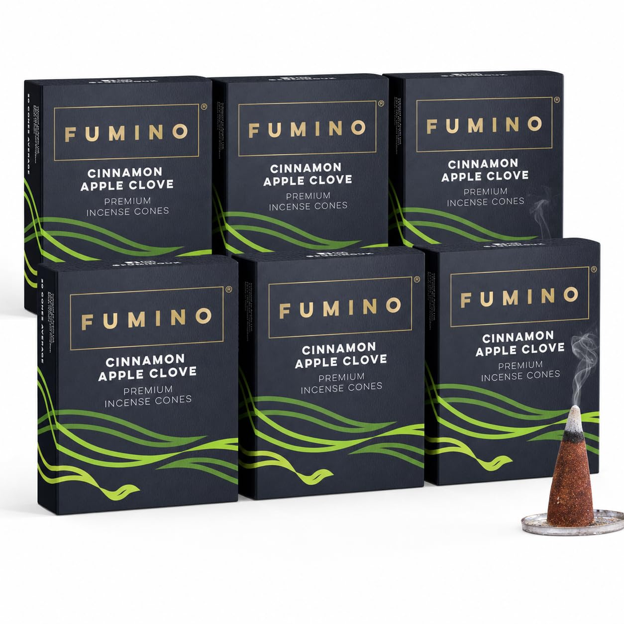 Fumino Black Cinnamon Apple Clove Incense Cones 90 Pack 6 Boxes - Handmade Natural Masala Incense Cones For Meditation & Home Fragrance, Low-Smoke Warm Spiced Scent, Bureau Veritas Certified