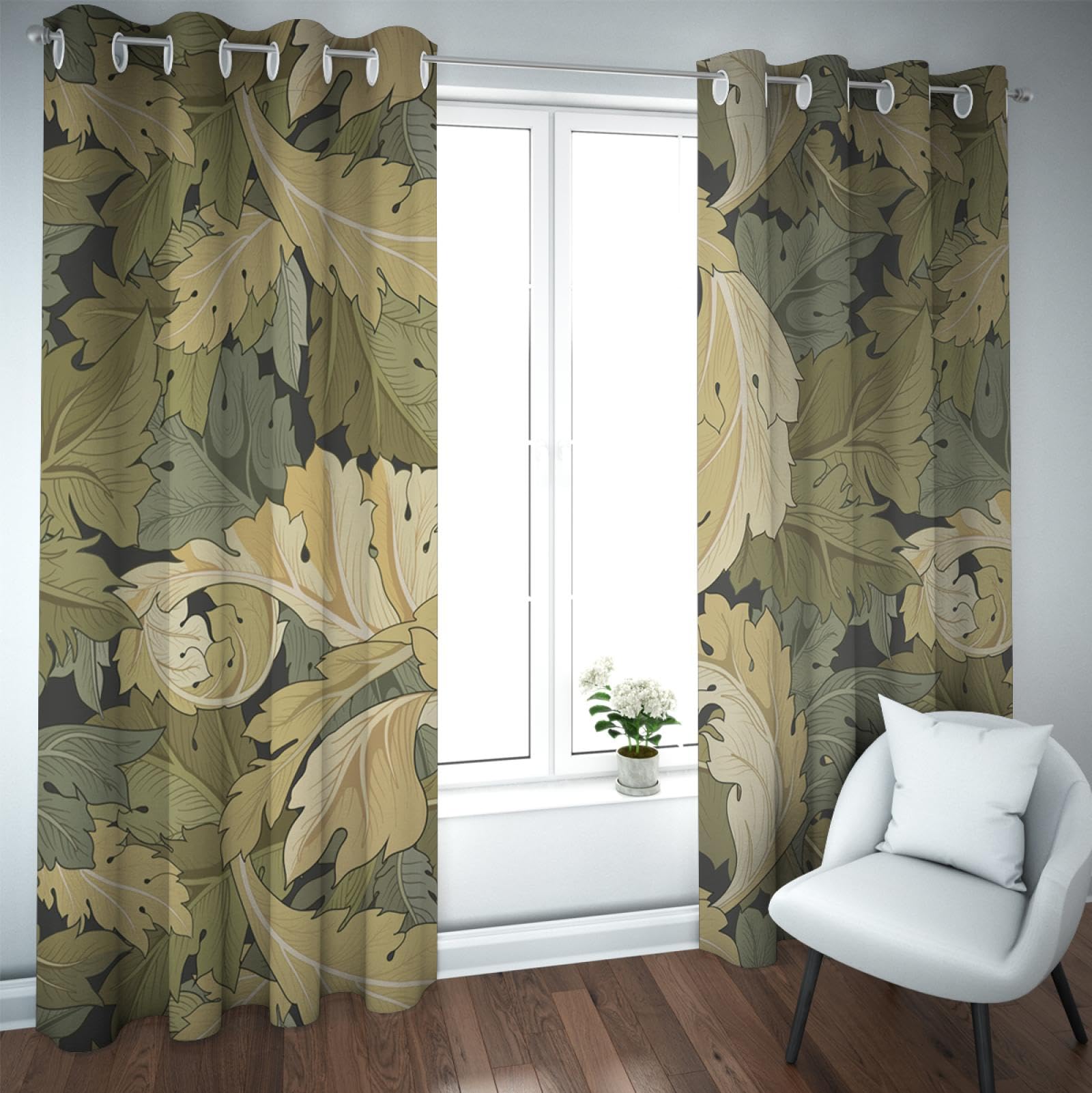CHERHERART William Morris Blackout Curtain Abstract Leaves Curtain Room Darkening Green Leaf Curtains for Dining Room Portable Eyelet Curtain 2PCS W46xL54