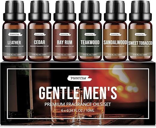 Fragrance Oil Gentlemen's Set, Scented Oil for Candle Scents for Candle Making, Soap Making Scents, Diffuser Oils Scents | Leather, Sweet Tobacco, Teakwood, Bay Rum, Cedar, Sandalwood (6*10ML)