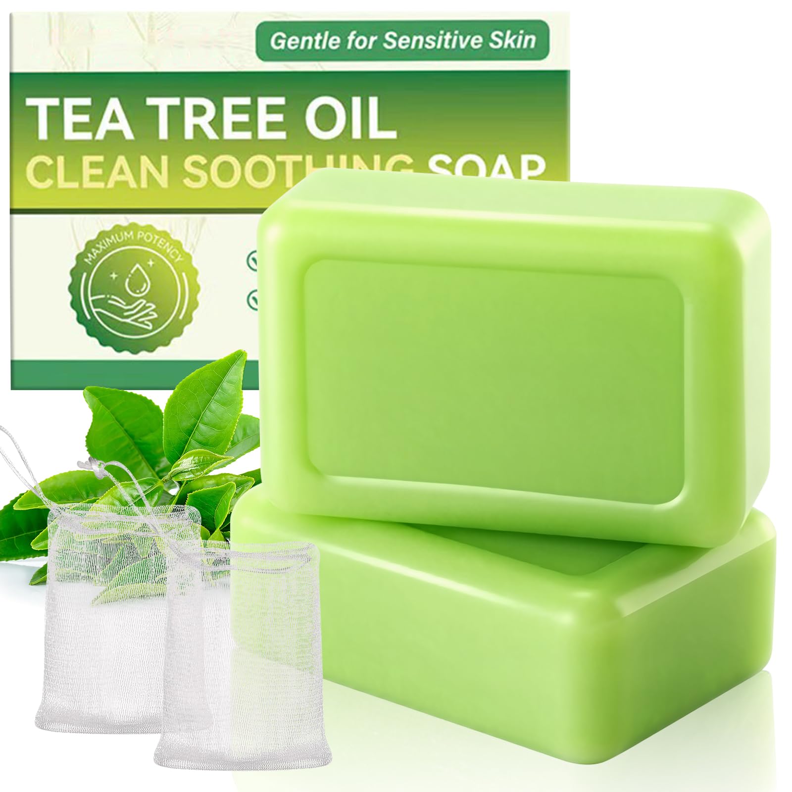2 Pastillas de JabóN de Aceite Árbol De Té, Jabón Natural de Arbol de Té con Redes de Espuma, Limpiador Facial y Eliminar el Olor Corporal, Jabon de Cara Cuerpo para Hombres Mujeres Toda la Piel