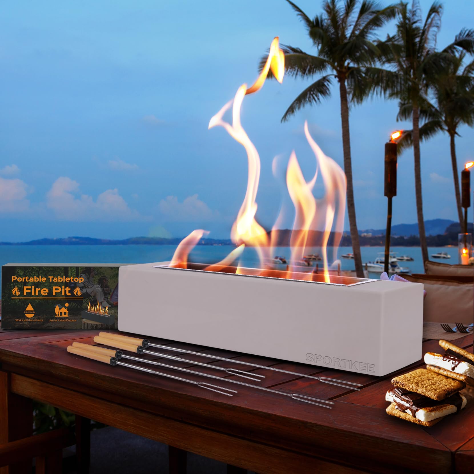 Tabletop Fire Pit, Indoor Outdoor Fire Pit Table Top with 4 Extendable Smores Sticks, 18 Inch Rectangle Mini Tabletop Fireplace, Rubbing Alcohol Smores Fire Pit Table Top, Decor Housewarming Gifts