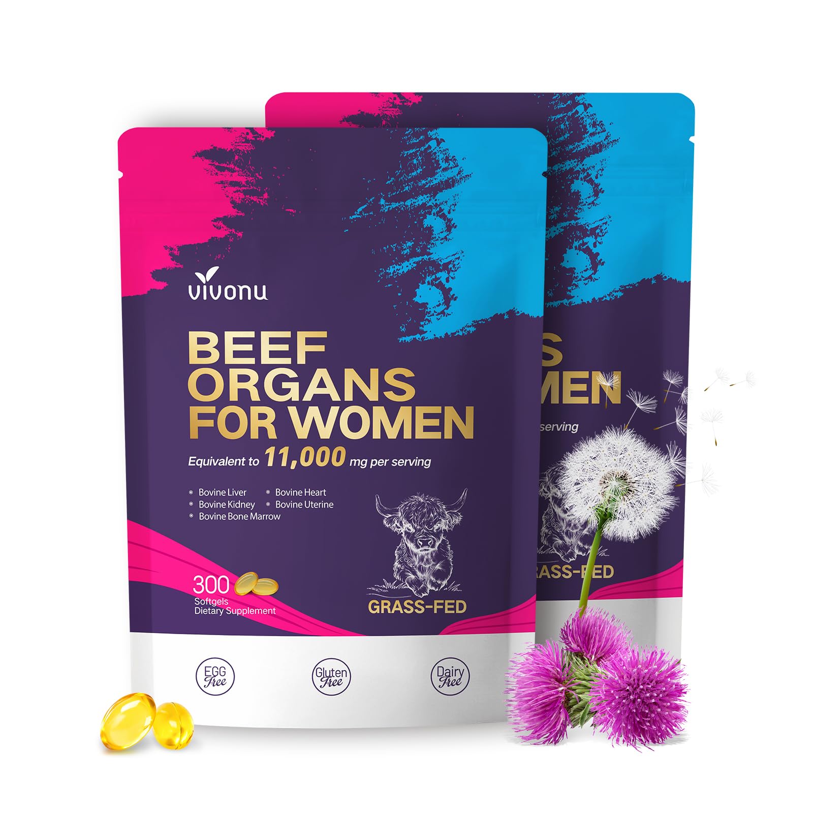 VivoNu Beef Organ Supplement for Women, 400 Day Supply, 11000mg per Serving Beef Organs with Bovine Liver, Ovary, Uterus, Kidney, Heart, Bone &amp; More, 100% Grass Fed, Balance Hormones, Energy